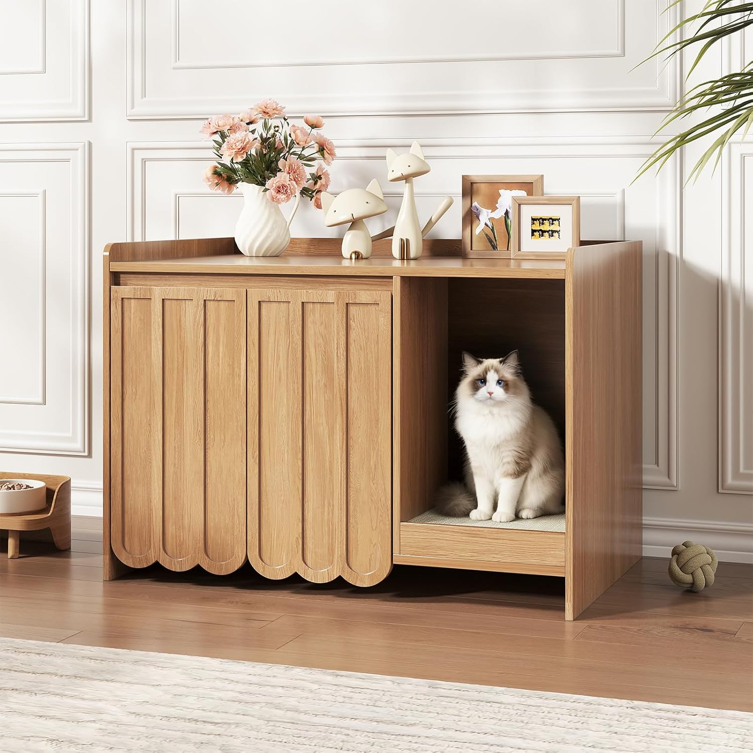 Cat Litter Box Enclosure with Scratch Pad, Hidden Litter Box with Soft-Close Hinges, Modern Fluted Cat Litter Box Furniture, Dog Proof Litter Box Cabinet, Side Table, Natural