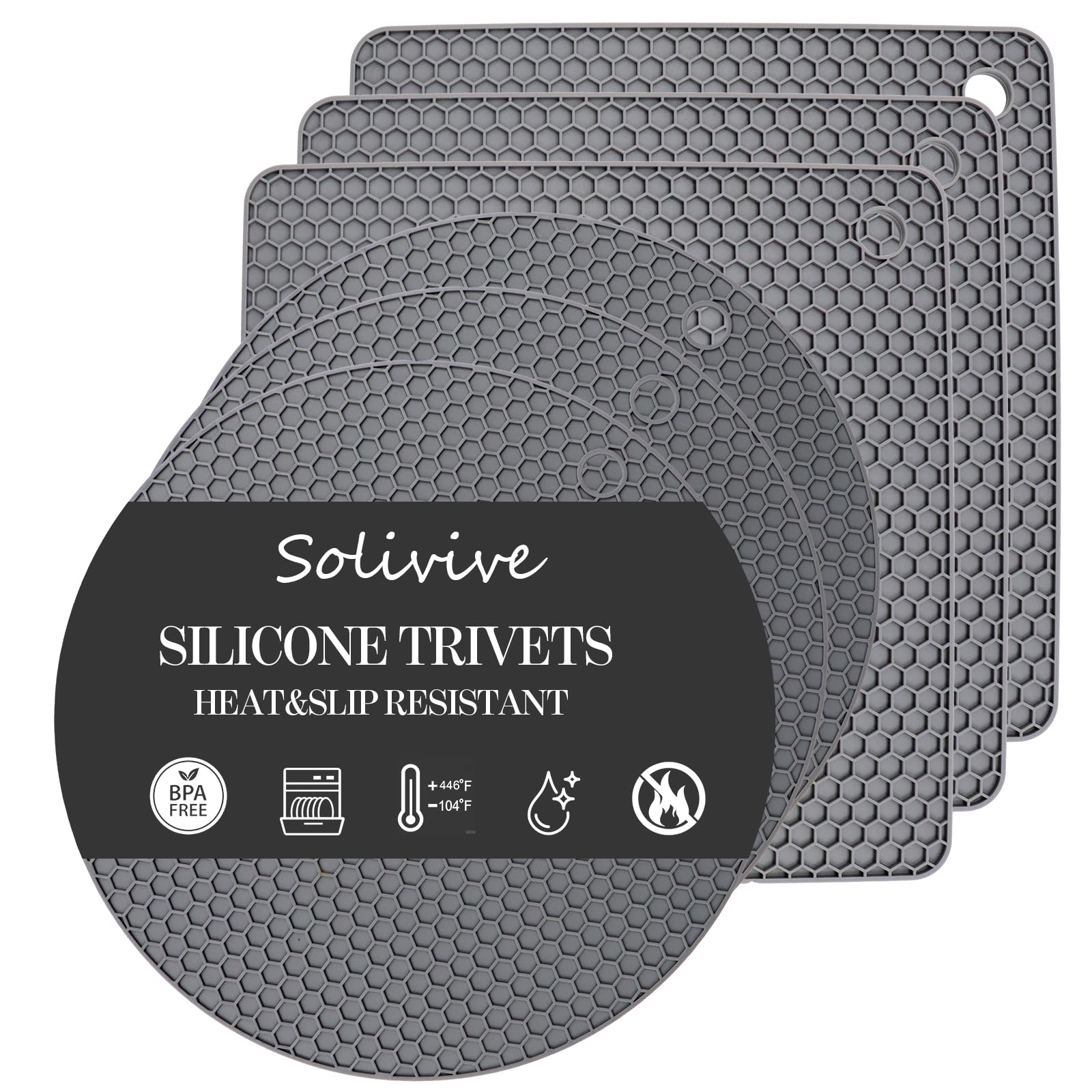 Solivive 6 Pack Silicone Trivet for Kitchen Worktops, Heat Resistant Non Slip Mats, 3 Square 3 Round Kitchen Table Worktop Protector for Hot Pans, Pots, Dishes & Dining, Grey