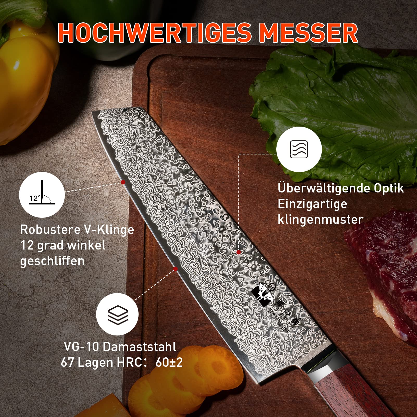 Damastmesser Kiritsuke Profi Kochmesser Mit Extrem Scharf 20 cm Klinge Aus 67 Lagen Vg-10 Damaststahl Küchenmesser, Holzgriff, Geschenkbox