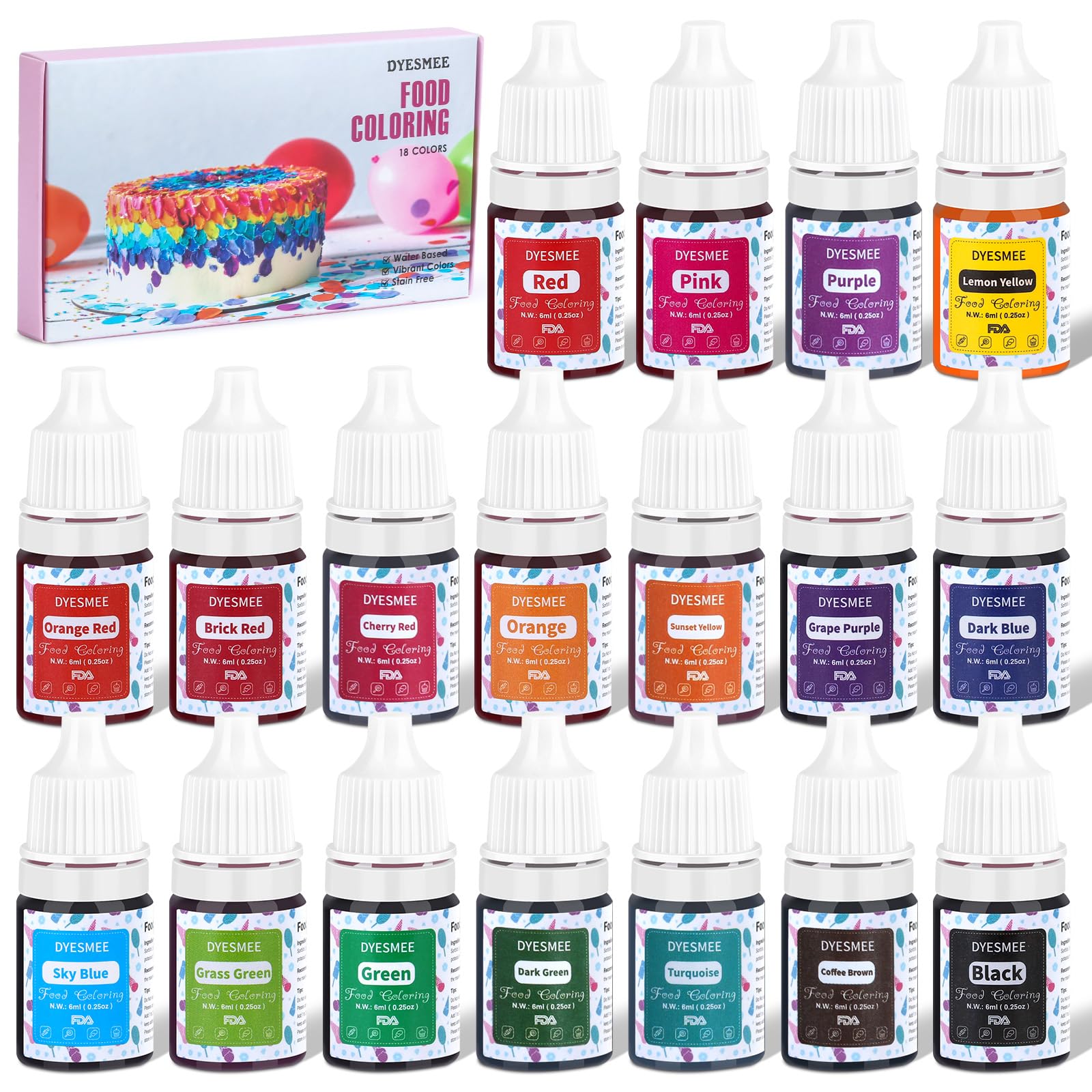 Lebensmittelfarbe Flüssige – 18 Farben Hochkonzentriert Lebensmittelfarbe zum Backen, Getränken, Macaron, Fondant, Tortendeko, Lebensmittel Farben Set für DIY Seifen Schleim Kunsthandwerk (6 ml je)