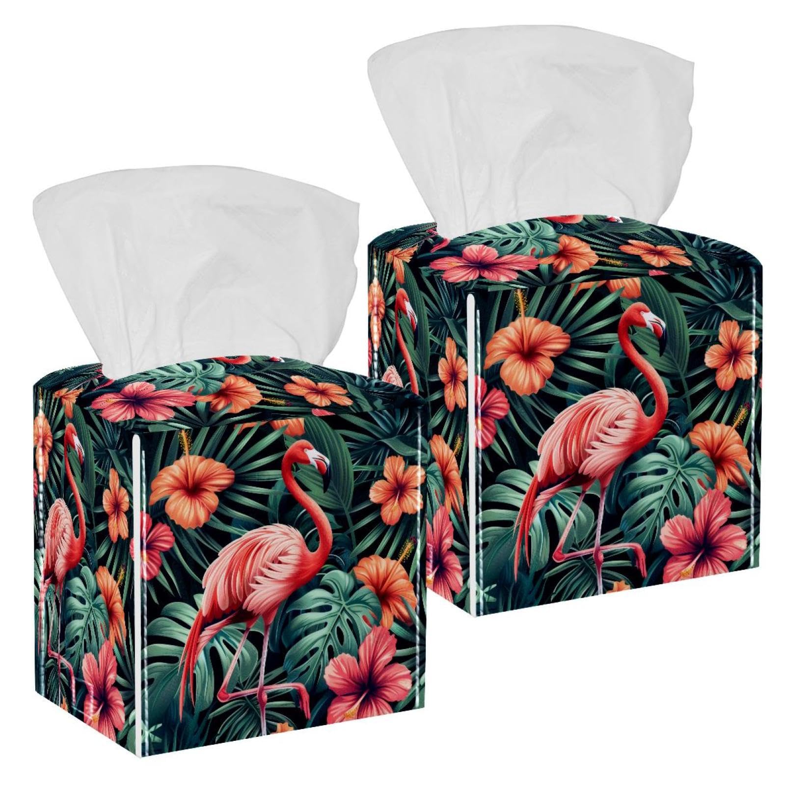 Flamingos Tissue Box Cover, 2 Pack PU Leather Square Facial Tissue Dispenser Box holder for Home Office Car