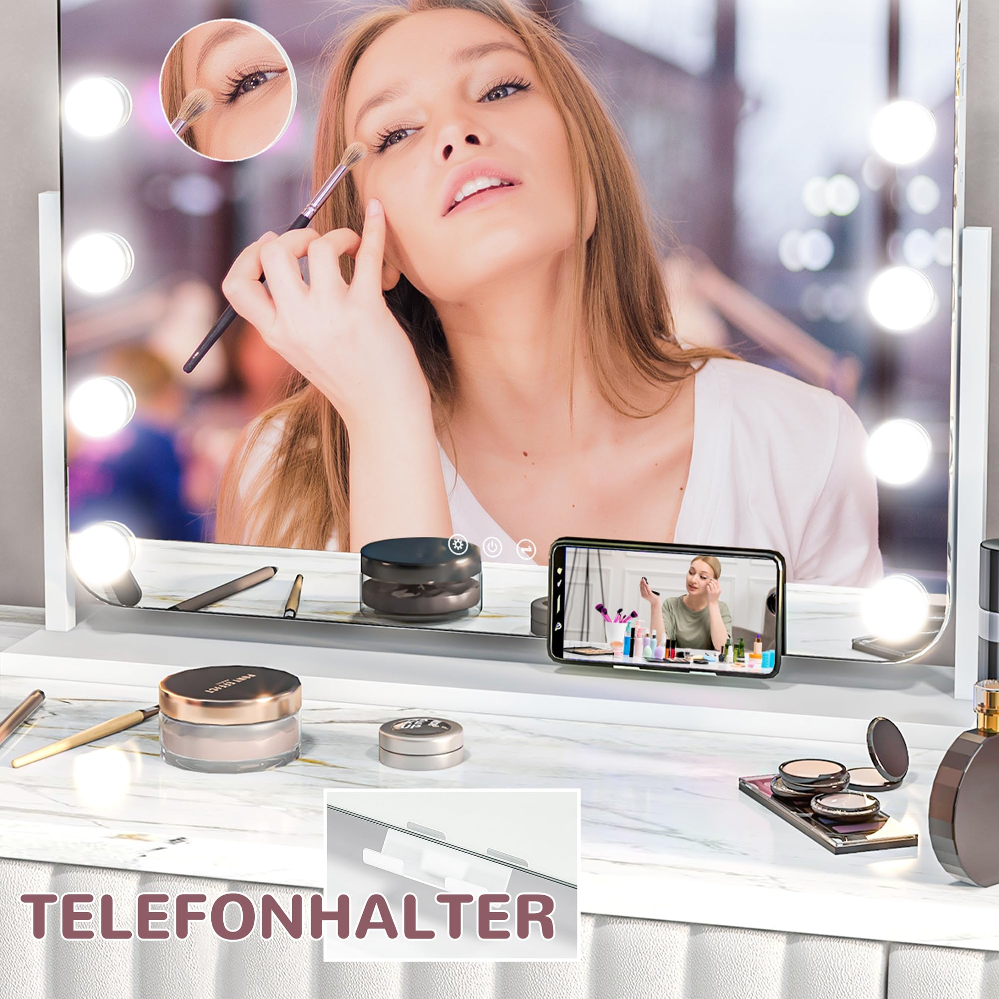 HOMCOM Hollywood Spiegel mit Beleuchtung 62,5x52 cm Schminkspiegel Weiß | 360°Drehbar, 15 LED, 3 Lichtfarben, USB-Ladeanschluss, Handyhalterung, Touchschalter, Kosmetikspiegel, 10X Vergrößerung