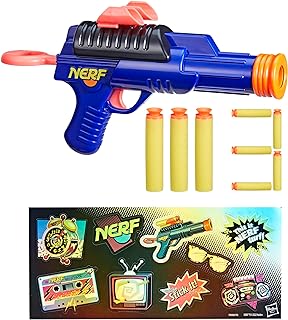 Nerf Sharp92 Blaster, 3 Nerf Suction Tip Darts, Sticker Sheet, Retro Nerf Blaster and Package, Toy Foam Blaster for Kids Outdoor Games