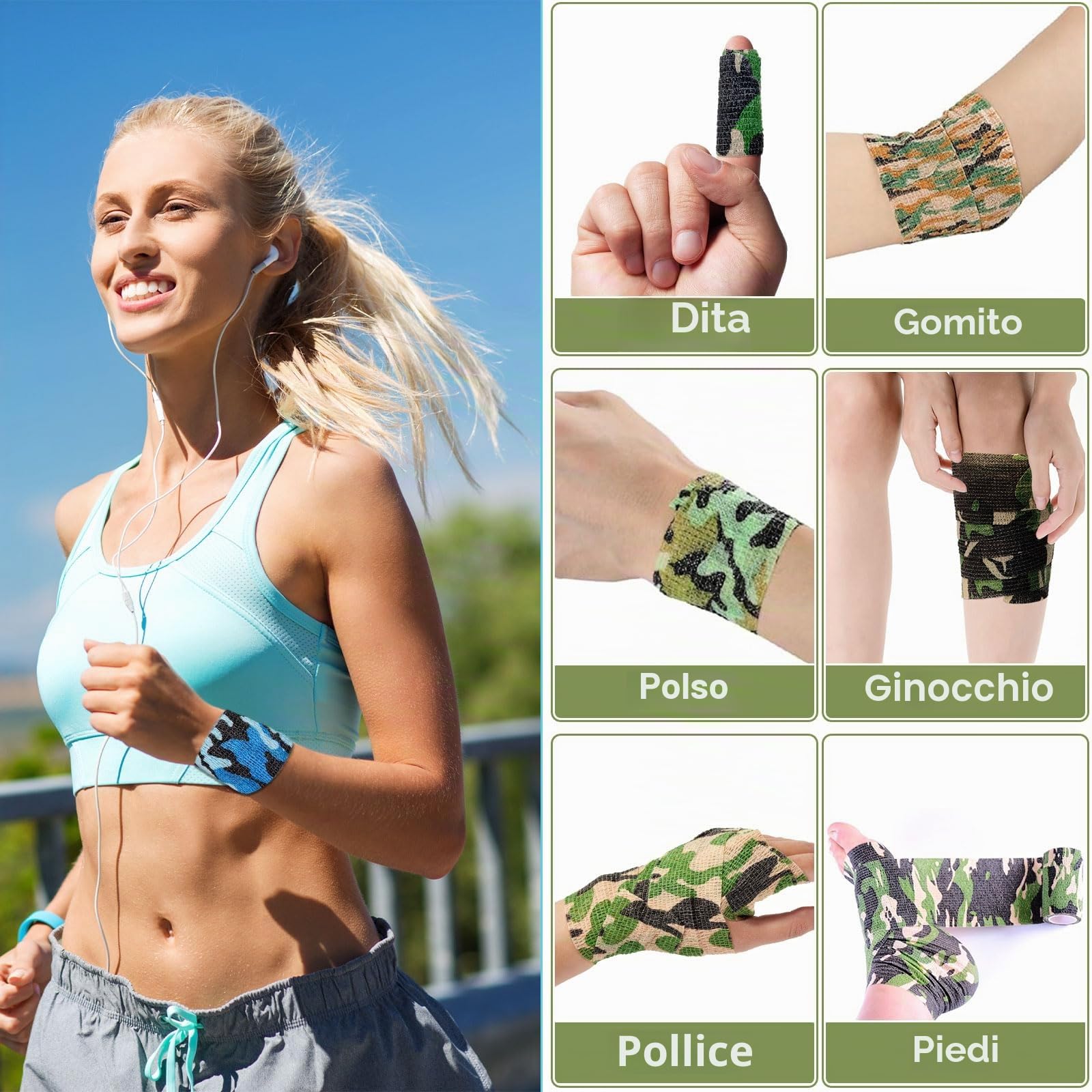 16 Rotoli Benda Elastica Autoadesiva, 5cmx4,5m Benda Elastica Coesiva, Nastro Crossfit, Garza Adesiva Coesiva Benda per Sportivo, Dita, Caviglia, Ginocchia, Gatti, Cani, Cavalli, Mimetico