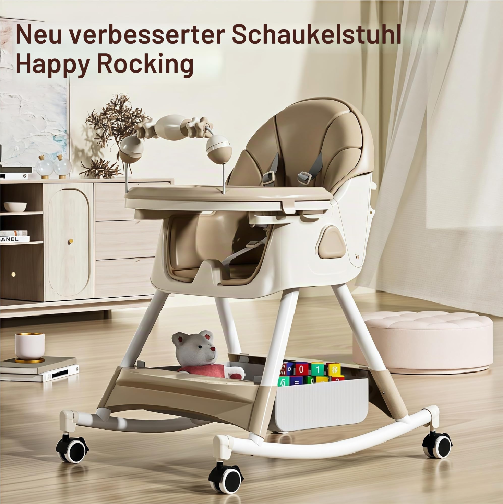 Magic ZC Baby Hochstühle Baby-Hochstuhl Kleinkind-Esszimmerstuhl mit Schwingmodus und 3 Liegepositionen mit abnehmbaren Doppelplatten und Rädern mit bequemer Lagerung (560 Khaki)