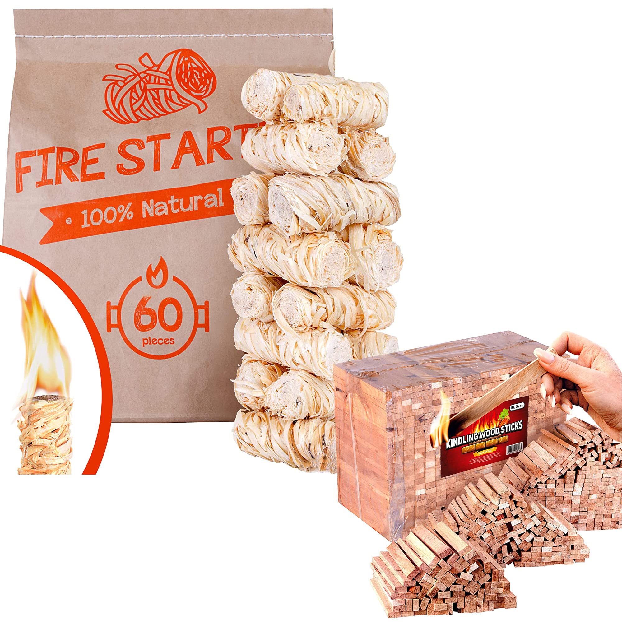 Kindling Wood Sticks 500pc, Fire Starter 60+ pc XXL Size - Сharcoal fire Starters- Fire Starter Sticks for Campfires and Fireplace - Natural firestarters from 100% Oak
