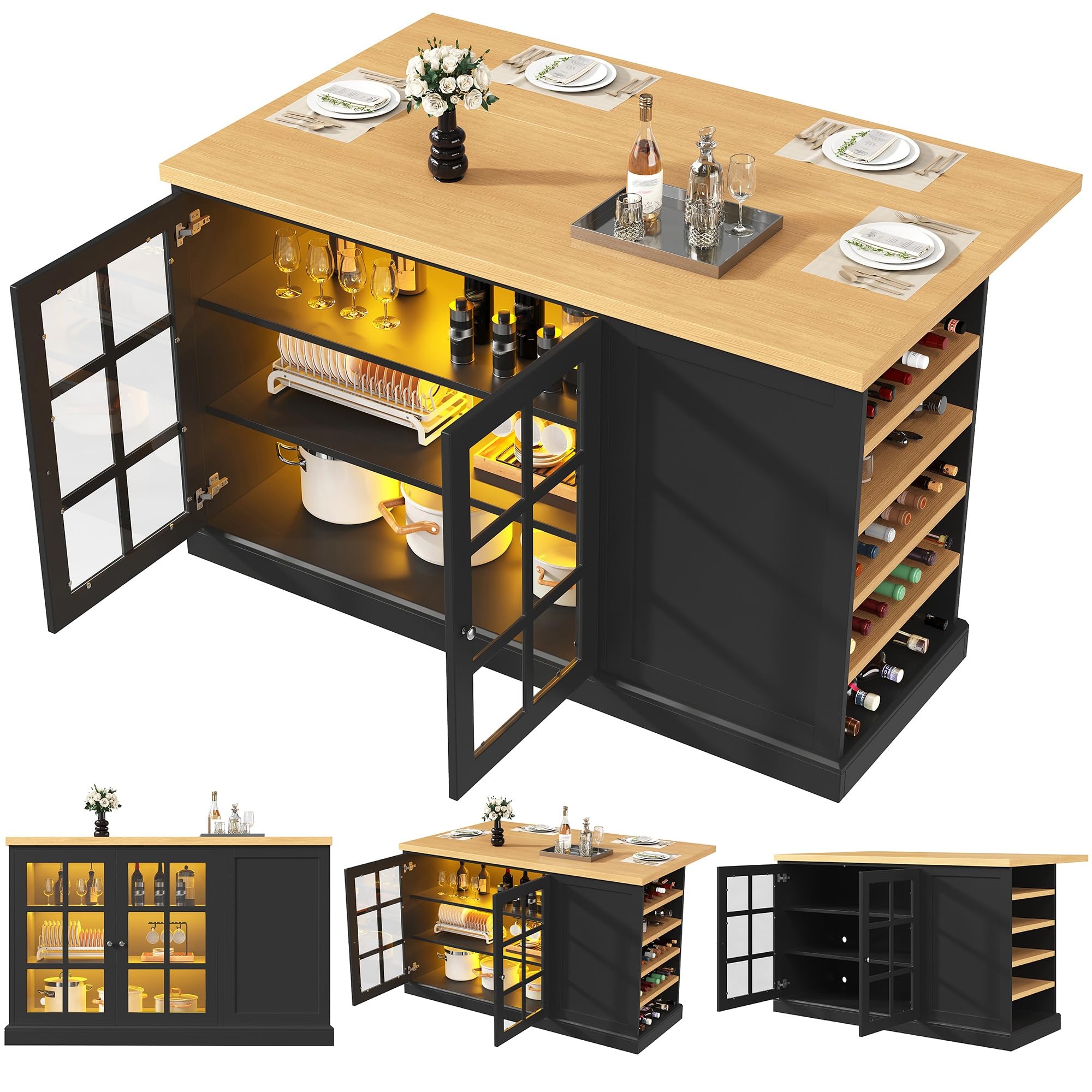 Klappbarer Bartisch Kücheninsel mit Smart LED Farblicht, Schräges Weinregal & Aufbewahrungsschublade, Platzsparend für kleine Wohnungen, USB-Betrieb