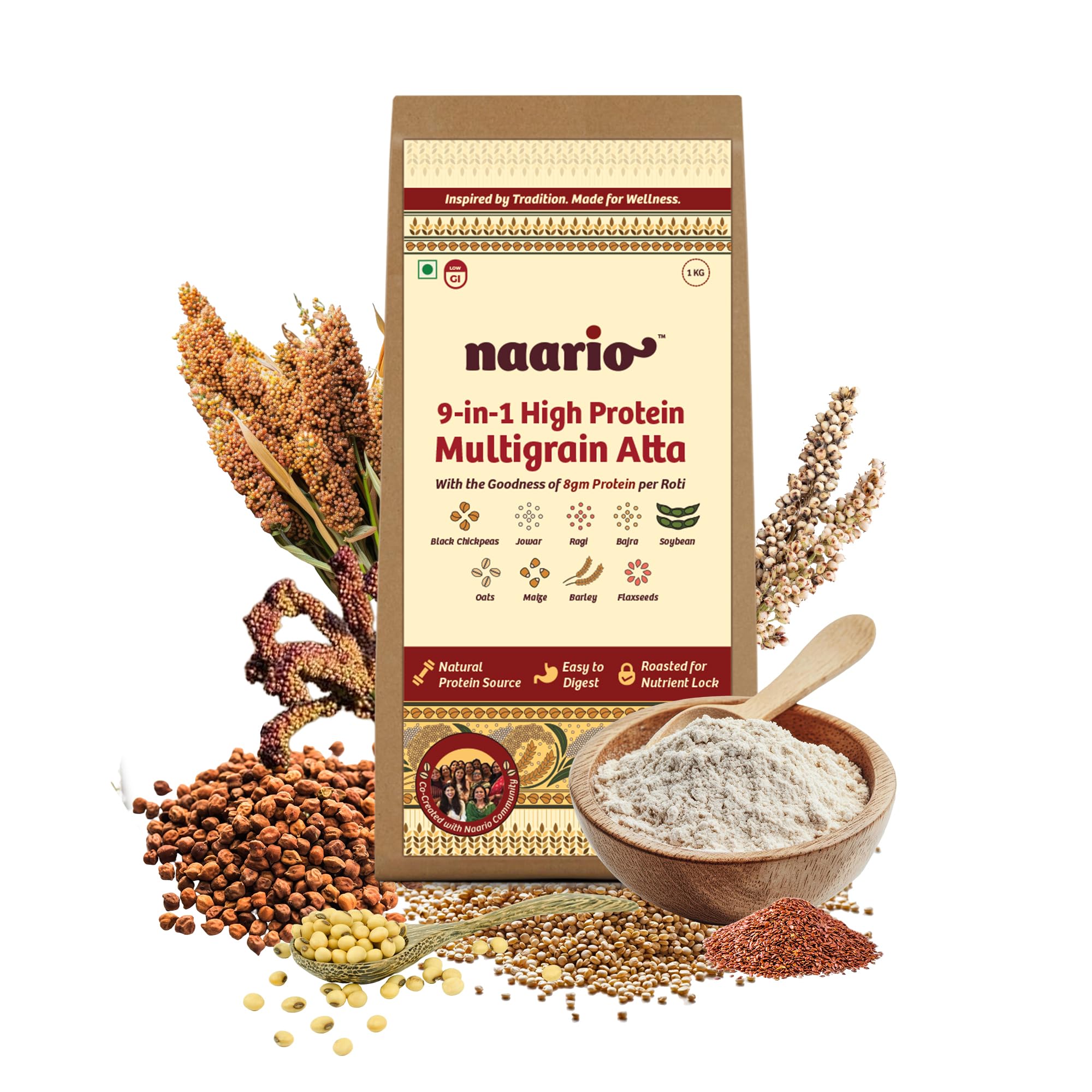 Naario 9-in-1 Multigrain Atta | 8g Protein Per Roti | No Wheat | Low GI | Diabetic Friendly | 9 Roasted Grains — Black C