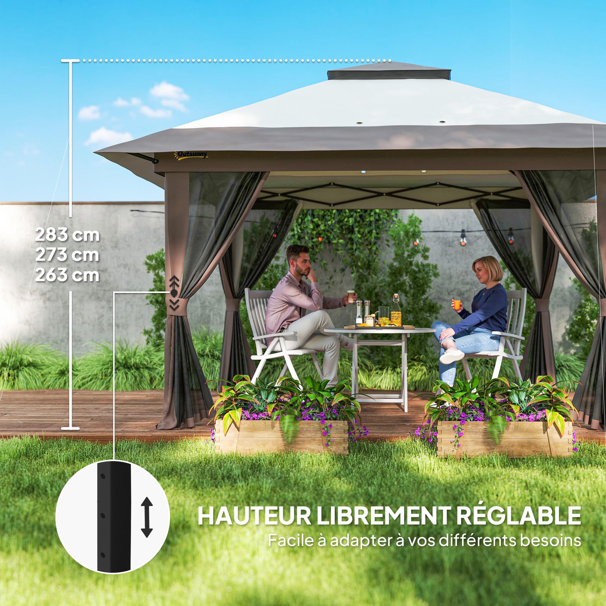 Outsunny Zeshoekig Tuinpaviljoen – Ca. 4x4 M, Met Muggennet, Waterafstotend Dak En Stevig Metalen Frame. Perfect Voor In De Tuin, Op Het Terras Of Zelfs Op Het Strand!