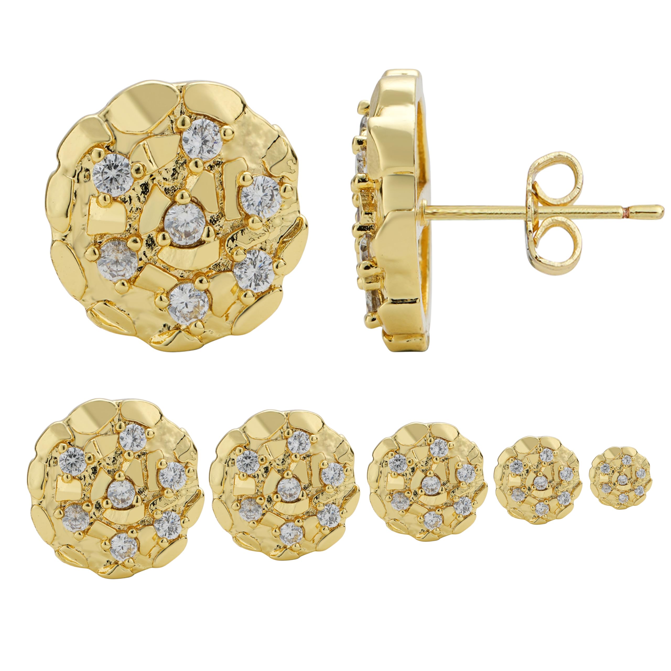 BSMCXB14K Gold Plated Nugget Earrings For Men,Unisex Roung Textured Cookie Nugget Stud,Cubic Zirconia Round Earrings Studs Gold
