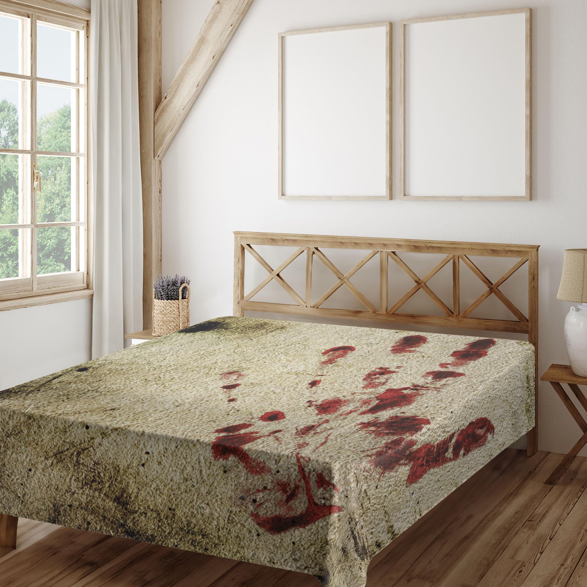 Ambesonne Horror House Flat Sheet, Grunge Design Wall Bloody Hand Print Murky Palm Trace Retro Spooky Movie Themed, Soft Comfortable Top Sheet Decorative Bedding 1 Piece, Queen Size, Beige Red