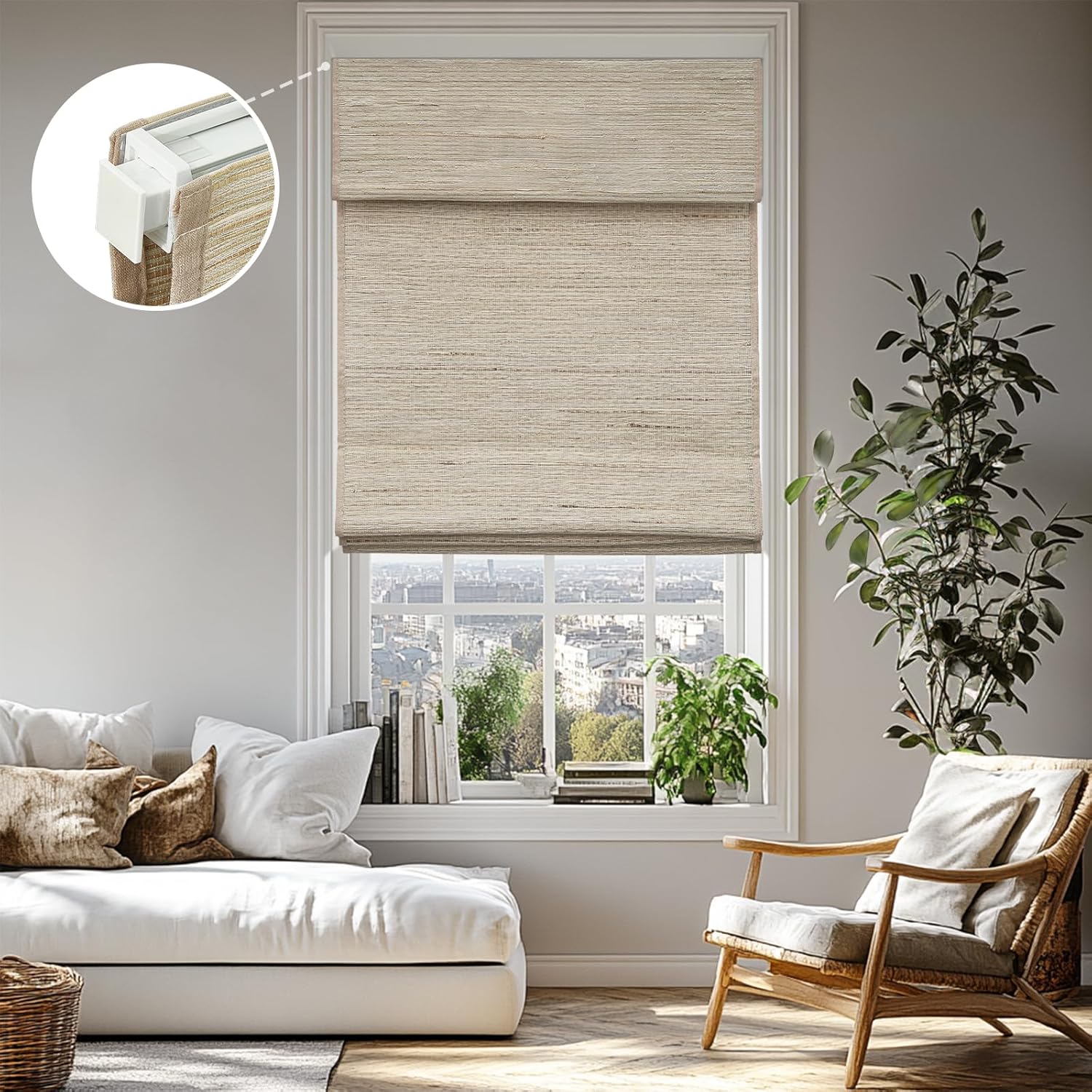 Keego No Drill Roman Shades Thermal Insulating Natural Woven Fabric Cordless Roman Shades Blinds Custom Window Blinds Privacy for Home Almond(with Lining,Block 90% Light
