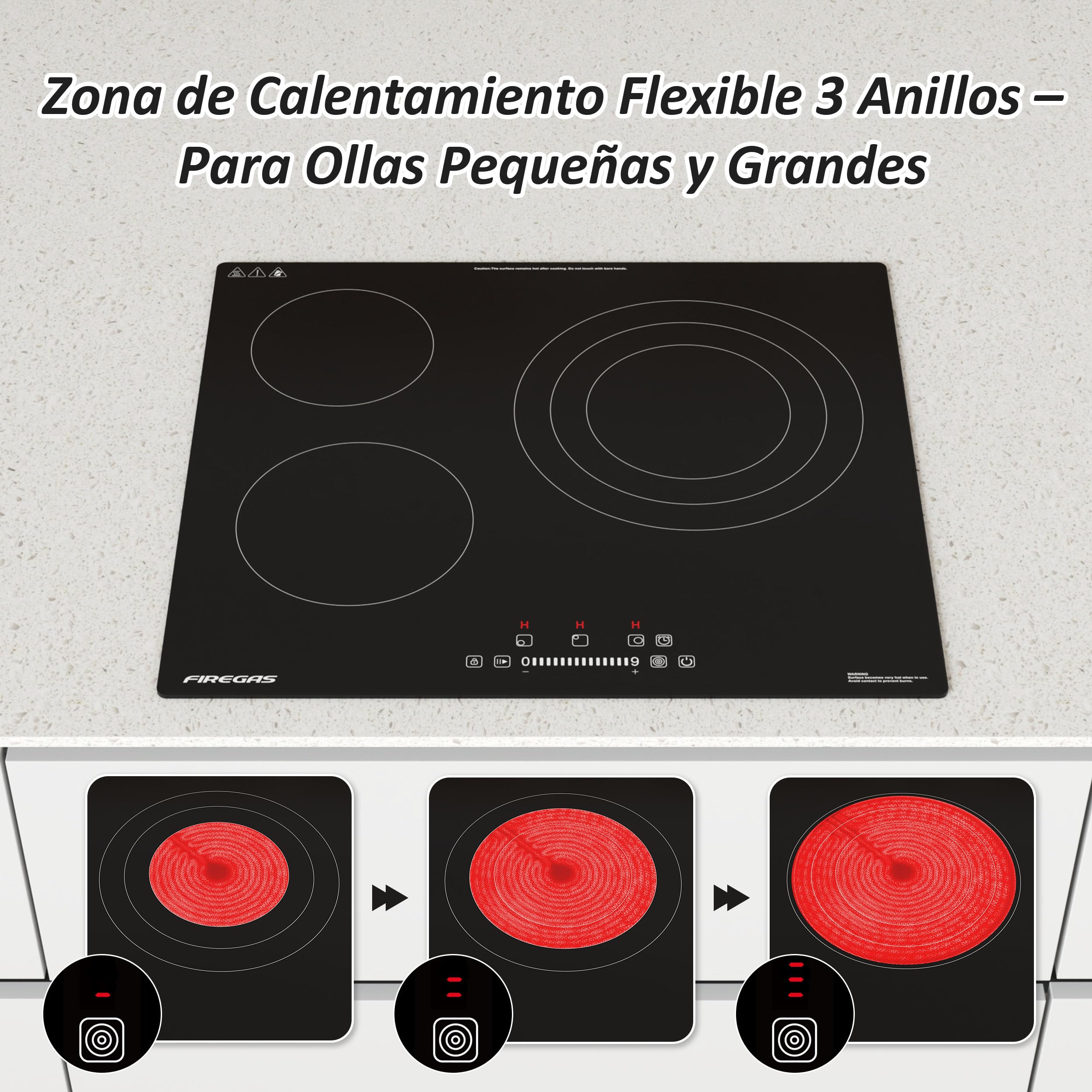 FIREGAS Placa Vitrocerámica Encastrable de 60 cm, 3 Fuegos, 5900 W, Control Táctil, 9 Niveles de Potencia, Temporizador y Bloqueo Infantil