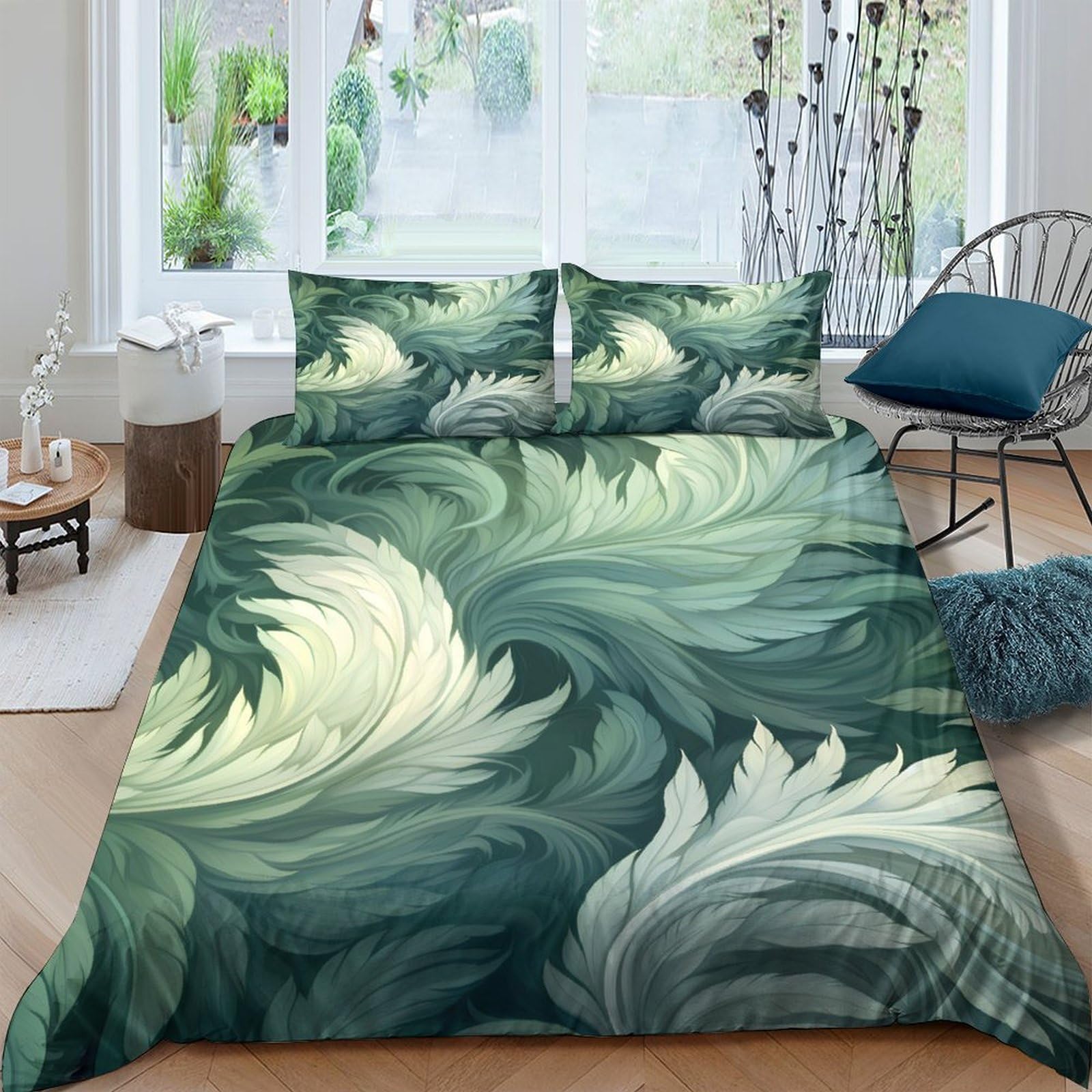 TUFRTGYHN 3D Printed Green Leaf Duvet Cover Microfiber Breathable Botanical Bedding Set with 2 Pillowcases for Bedroom Decor Single（135x200cm）