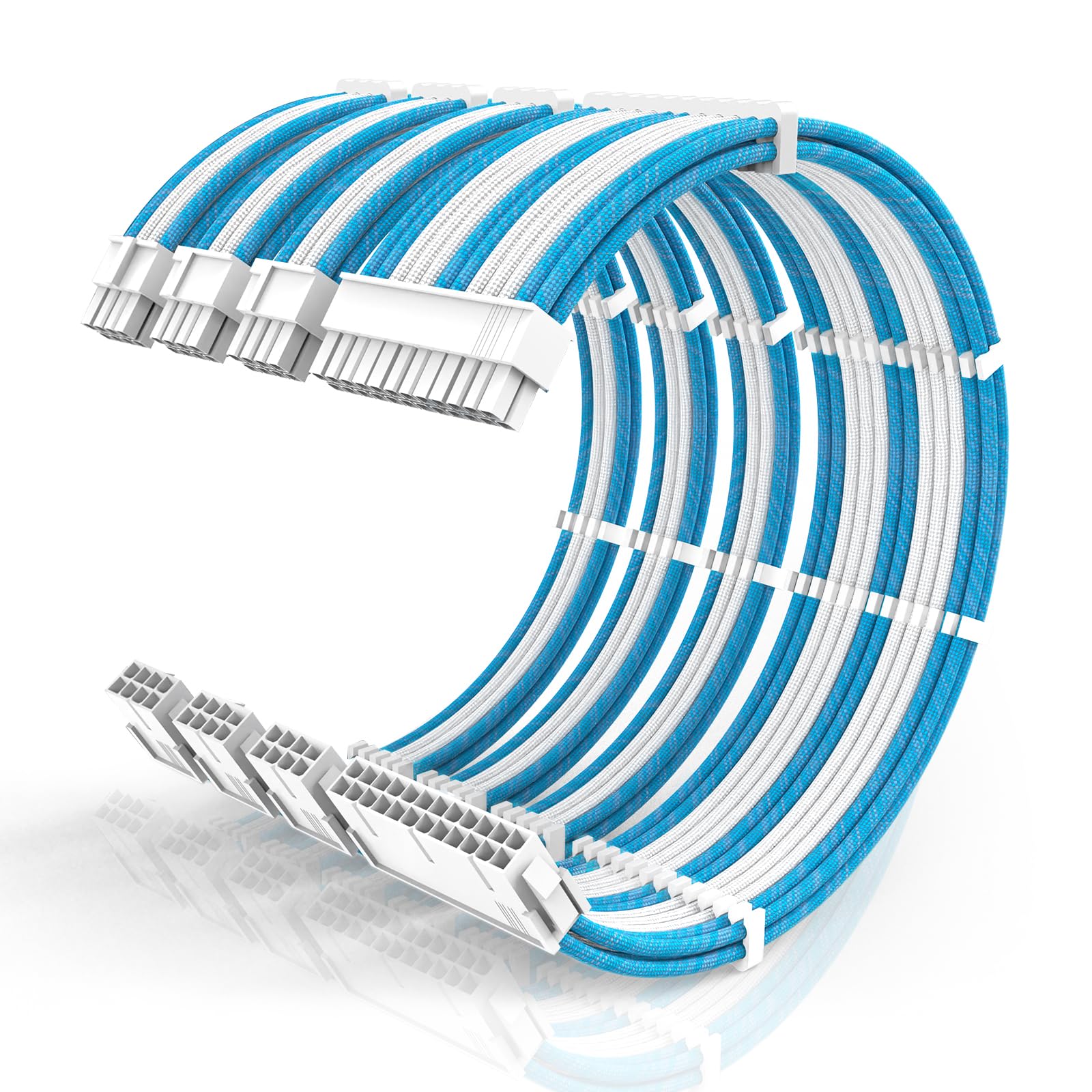 16AWG PSU Cable Extension Kit with Cable Combs,1x24pin ATX/1x8pin(4+4) EPS/2x8pin(6+2) PCIE Extension Cable,Cable Extension PC Sleeved Cables 30cm Length,Power Supply Extension Cable Kit(Blue/White) 4-PACK Blue/White