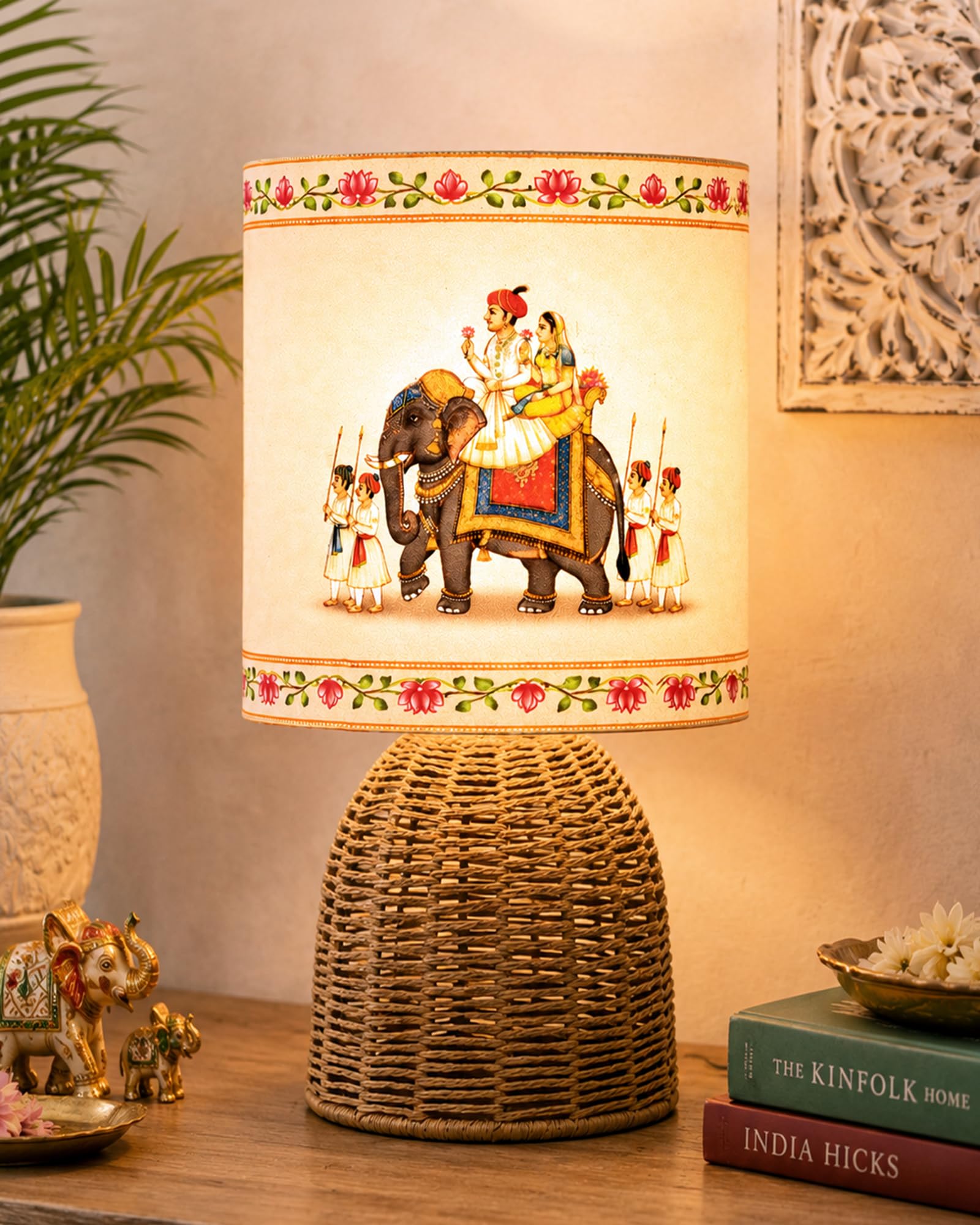 Homesake® Handwoven Rattan Table Lamp with Rajasthani Art Fabric Shade, Decorative Raffia Cane Bedside Lamp for Bedroom, Boho Table Lamp for Living Room, E27 Holder, Warm Ambient Home Decor Lighting-image-11