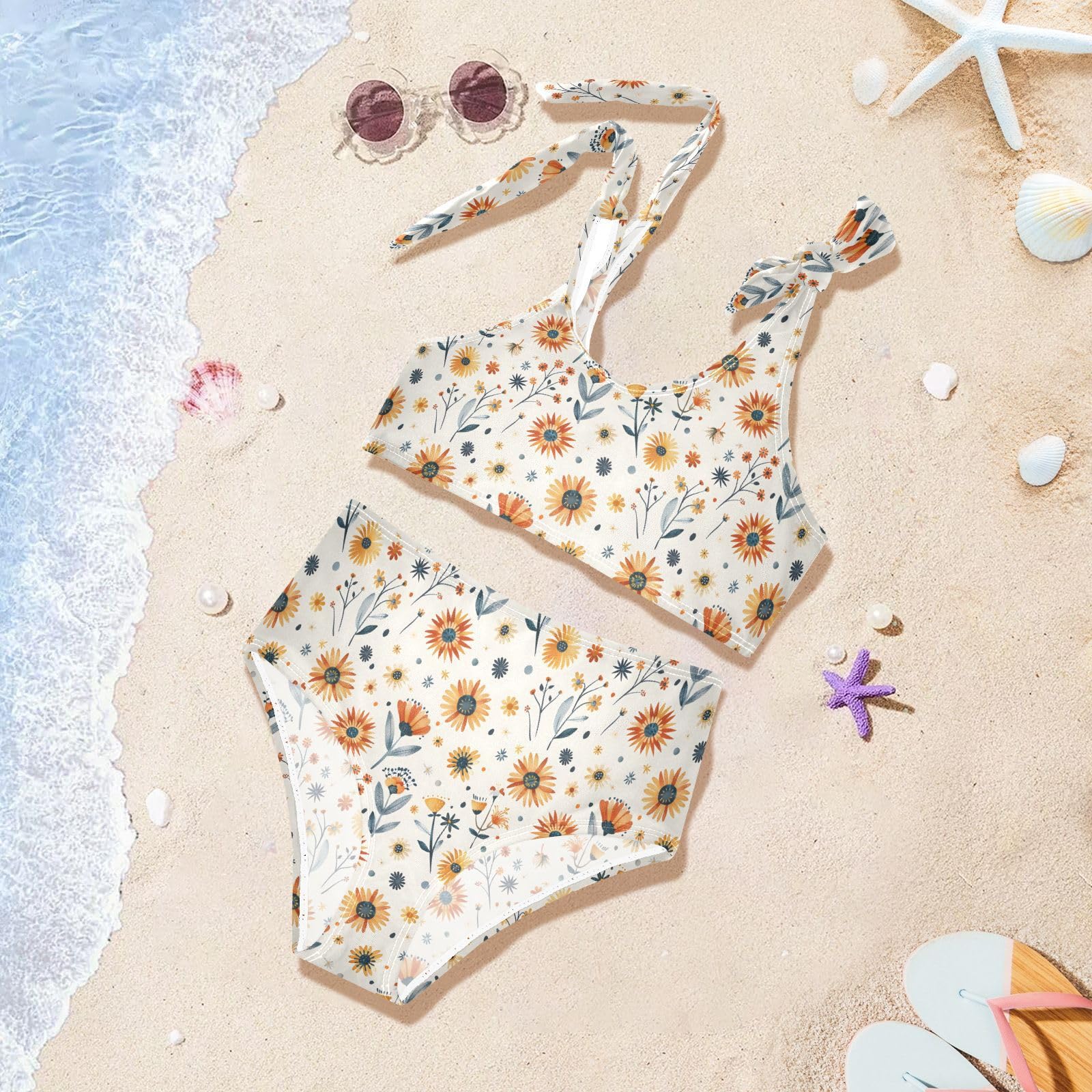 Girls Two Piece Tankini Swimsuits Flower Pattern Summer Bathing Suit Beach Swimwear Set, 5-6T Multicoloured