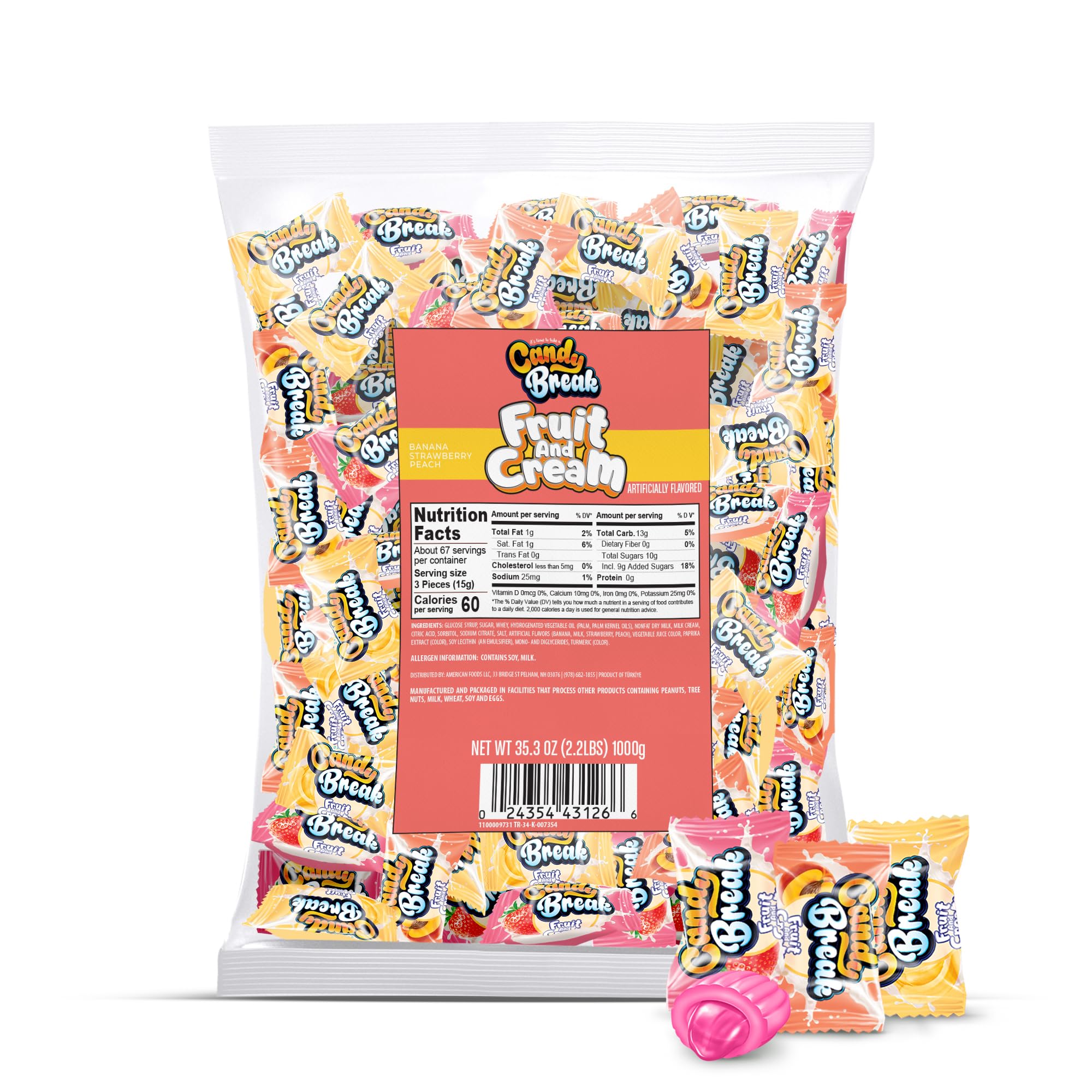 Candy Break Fruit & Cream Candy, Center Filled Hard Candies with Banana, Peach, Strawberry Flavors, Fruit Flavored Hard Candy Individually Wrapped, Variety Pack, Bulk Size Bag, 2.2 lbs
