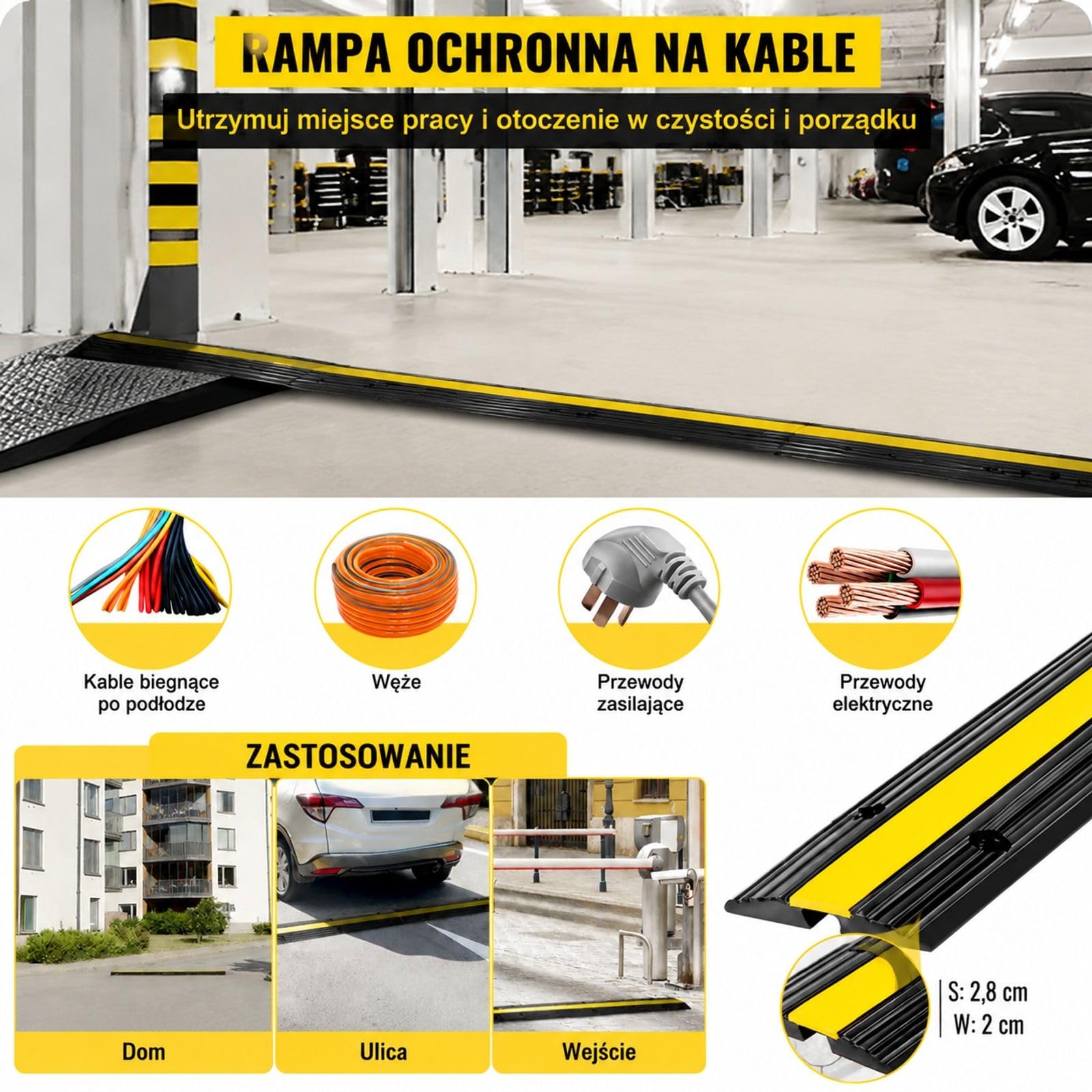 Zestaw 4 mostków kablowych, 1 kanał, czarno-żółta guma i PVC, z otworami montażowymi do garażu i magazynu