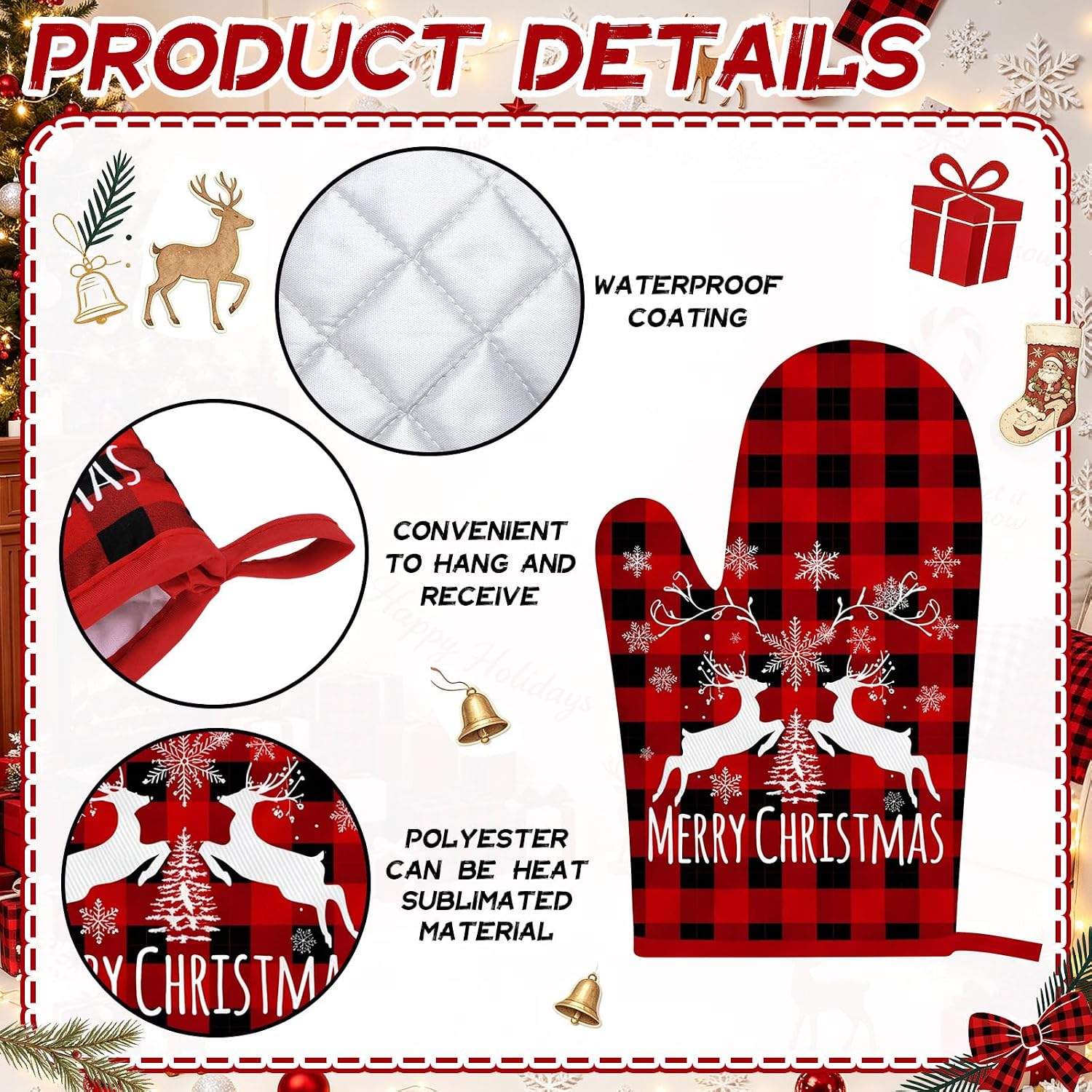 Sratte 12 Pcs Christmas Kitchen Oven Mitts Red Black Plaid Santa Joy