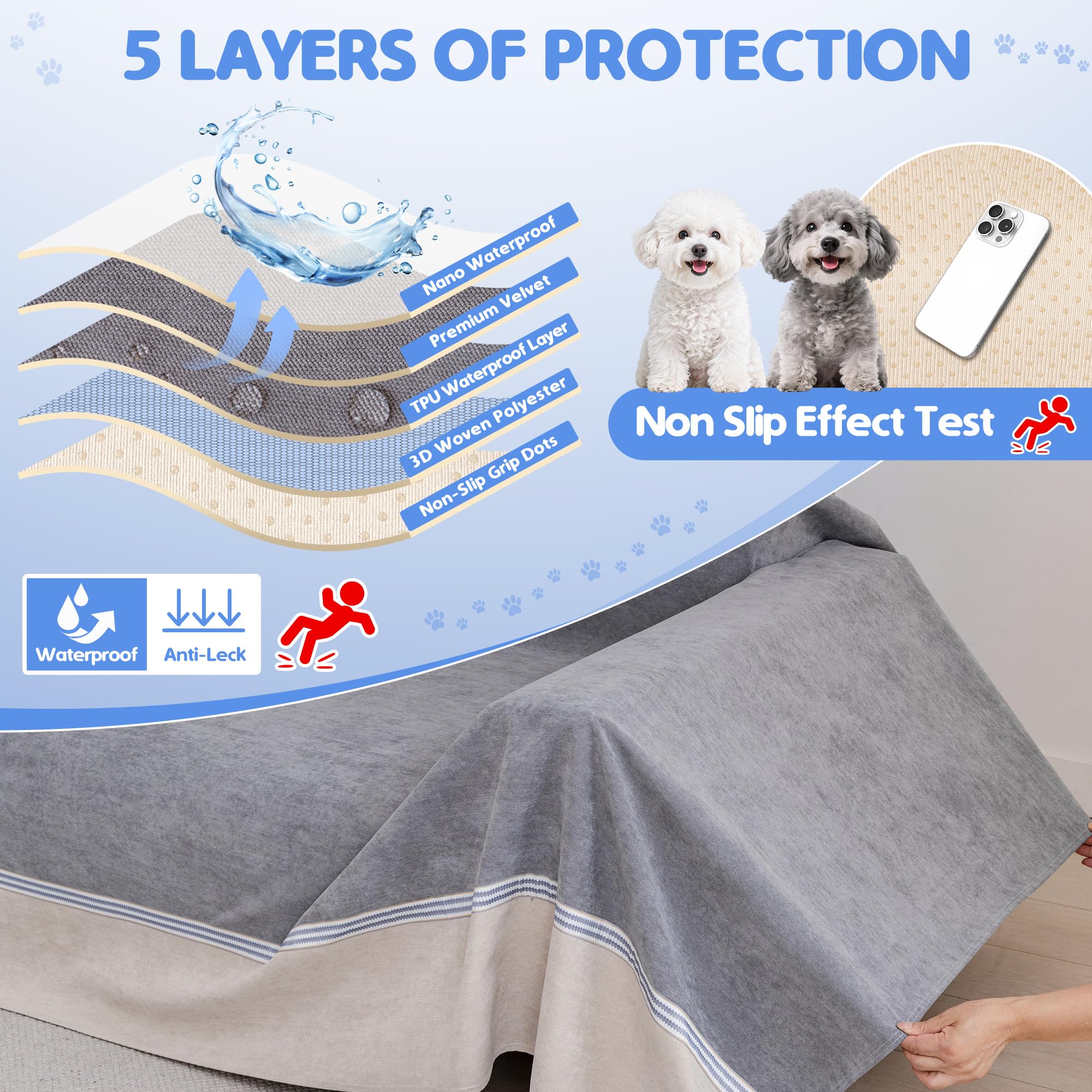 Loiion Cubre Sofas Grandes Antideslizante, 100% Fundas Impermeables Sofa, Cubre Sofa Chaise Longue para Perros, Fundas Antipelos para Gatos Arañazo y Perros Mascotas, Gris, 380x230cm