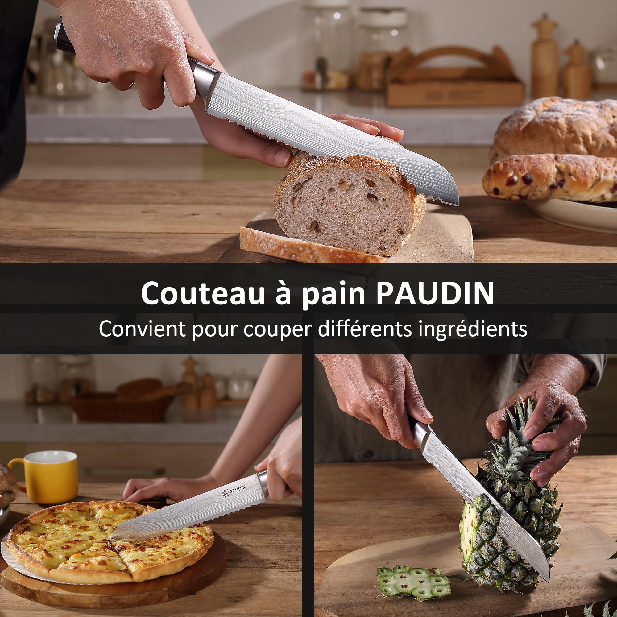 PAUDIN Couteau à Pain 8 Pouces Couteau de Cuisine à Lame Dentelée, Couteau en Acier Inoxydable à Haute Teneur en Carbone Allemand pour Couper Les Pains, Gâteaux