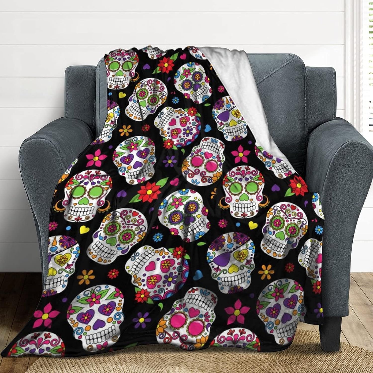 Sugar Skull Blanket Day of The Dead Throw Blanket Ultra Soft Blankets Fluffy Cozy Flannel Blanket for Bedroom Living Room Travel 60"x50"