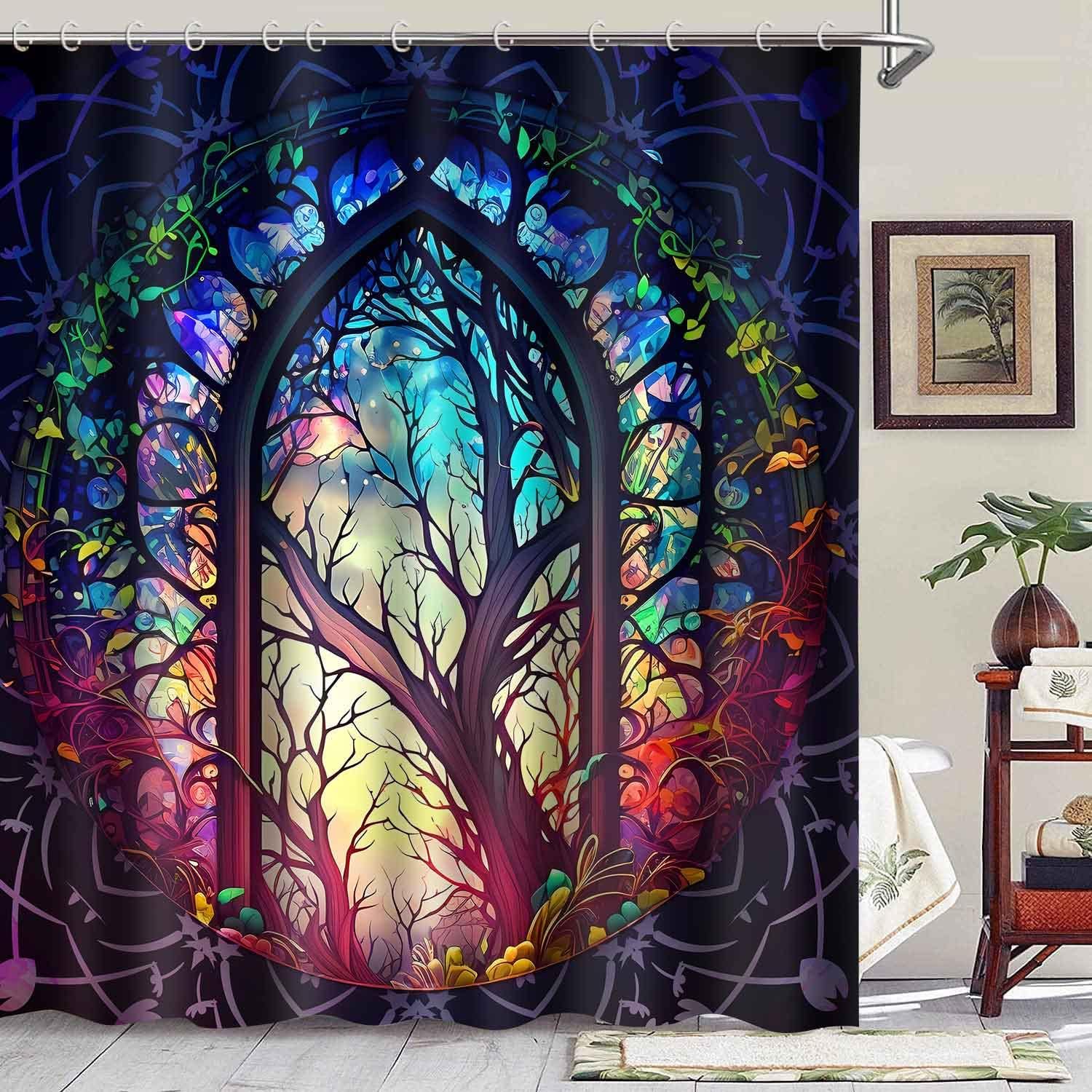 Fantacy Castle Window Shower Curtain, Arched Door Through Fairy Tale Forest, Colourful Stained Windows Circle Scenery Polyester Cloth Bathroom Decor Set with Hooks,72x72 Inch YLZYNT510