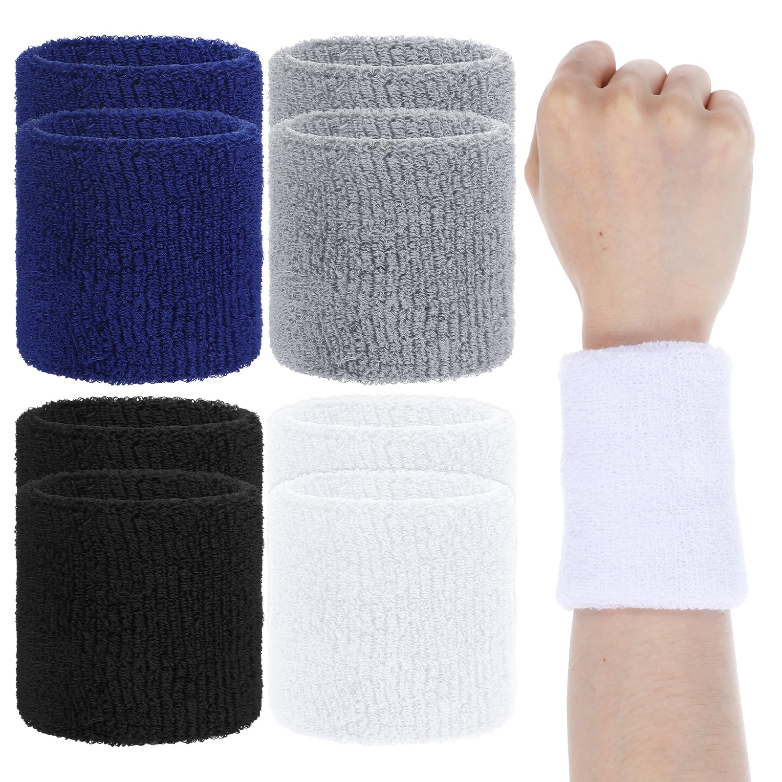 8Pcs Wrist Bands Tennis Wristbands, Wrists Sweatbands Sports Wristbands Absorbing Cotton Terry Cloths Arm Sweat Bands(Black Gray White Blue)