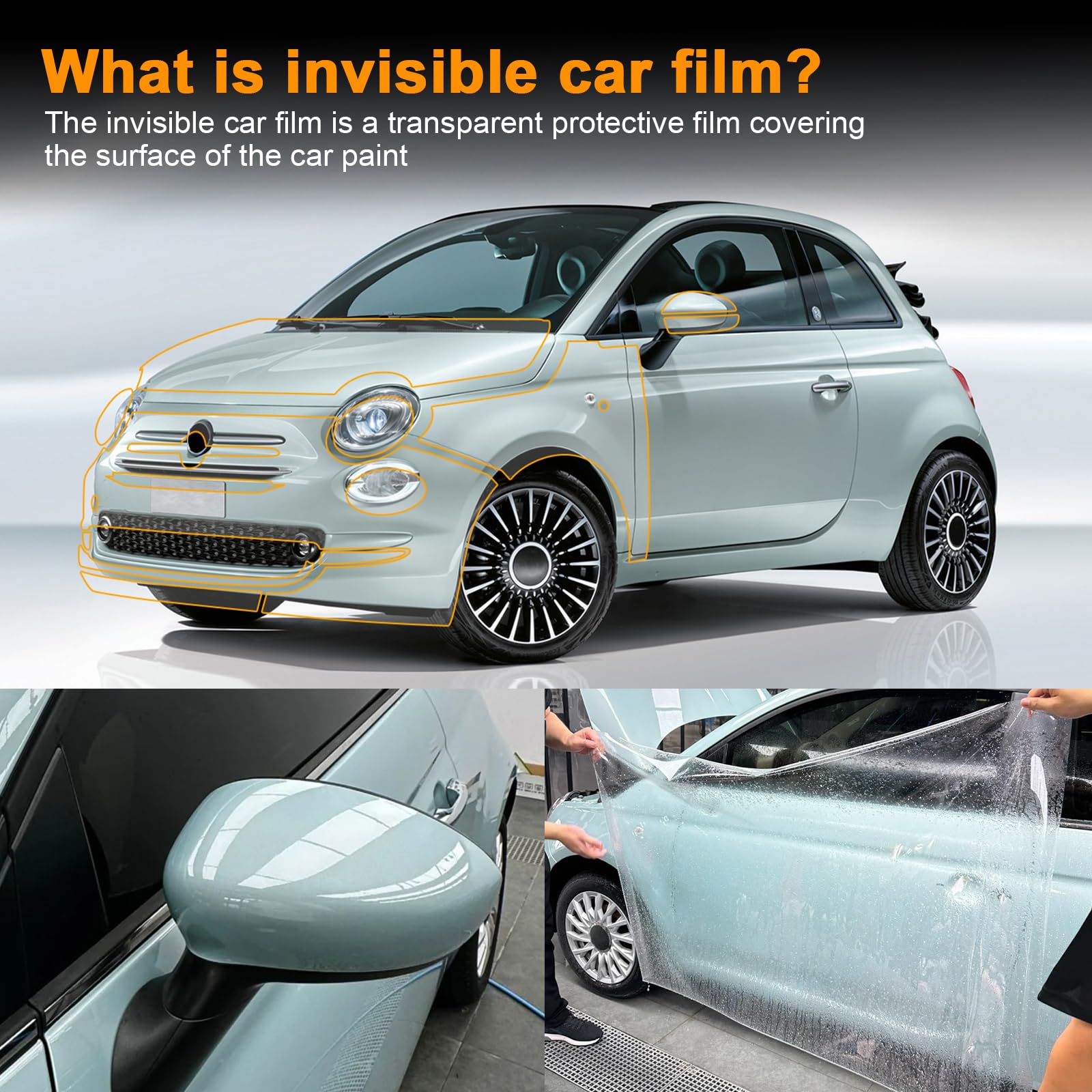 PPF Lackschutzfolie für FIAT 500 2017 2018 2019 2020 2021 2022 2023 2024 8.5mil TPU Vorgeschnittene Selbstklebende Schutzfolie Transparent vorgestanzt Zubehör (Motorhaube+Kotflügel 3St)