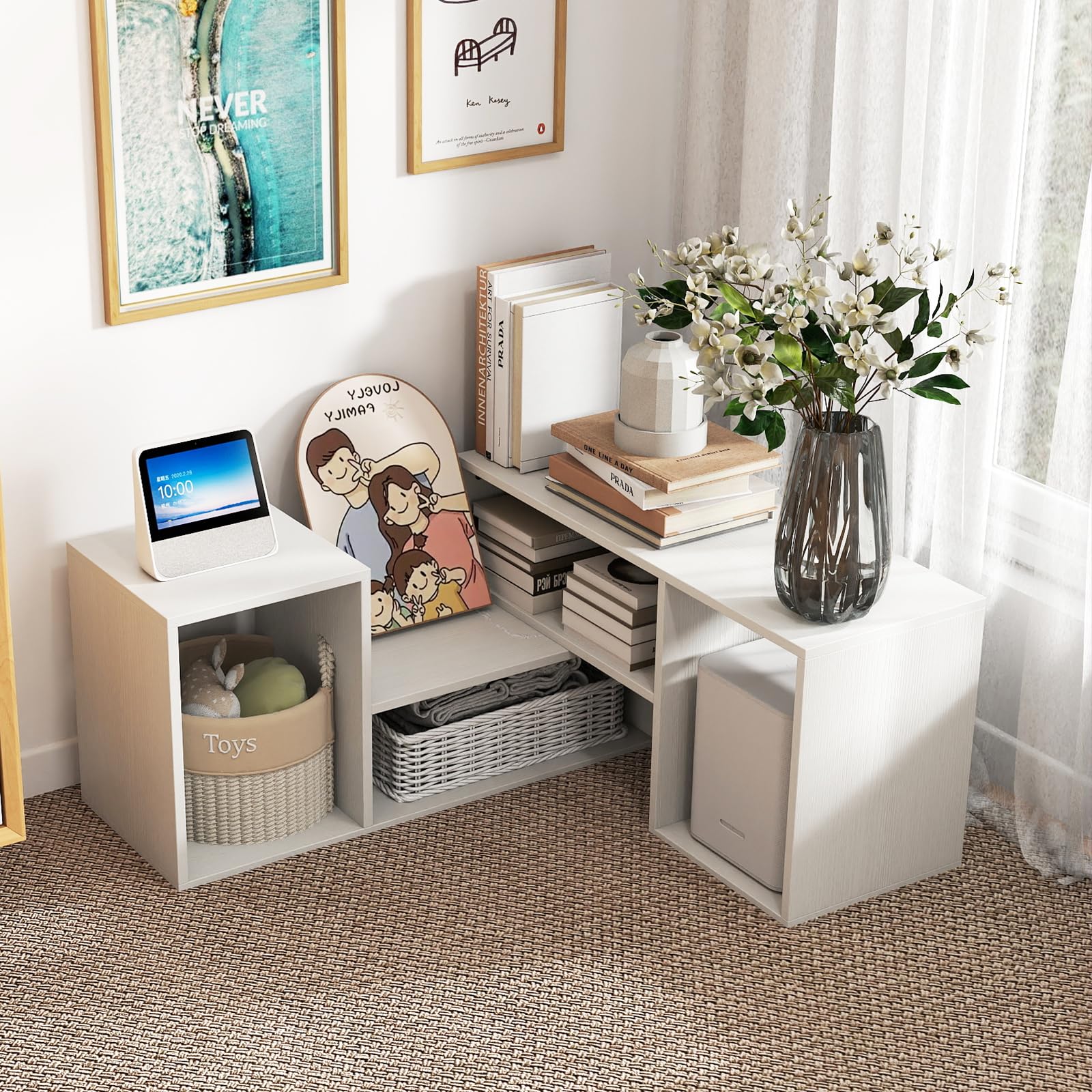 GIANTEX Meuble TV Combiné Libre avec Étagères Ouvertes, Meuble Télé 2 Pièces en MDF 50-60 Pouces, Meuble TV Bois pour Salon Chambre et Bureau, 110-134,5 X 30 X 43 CM (Blanc)