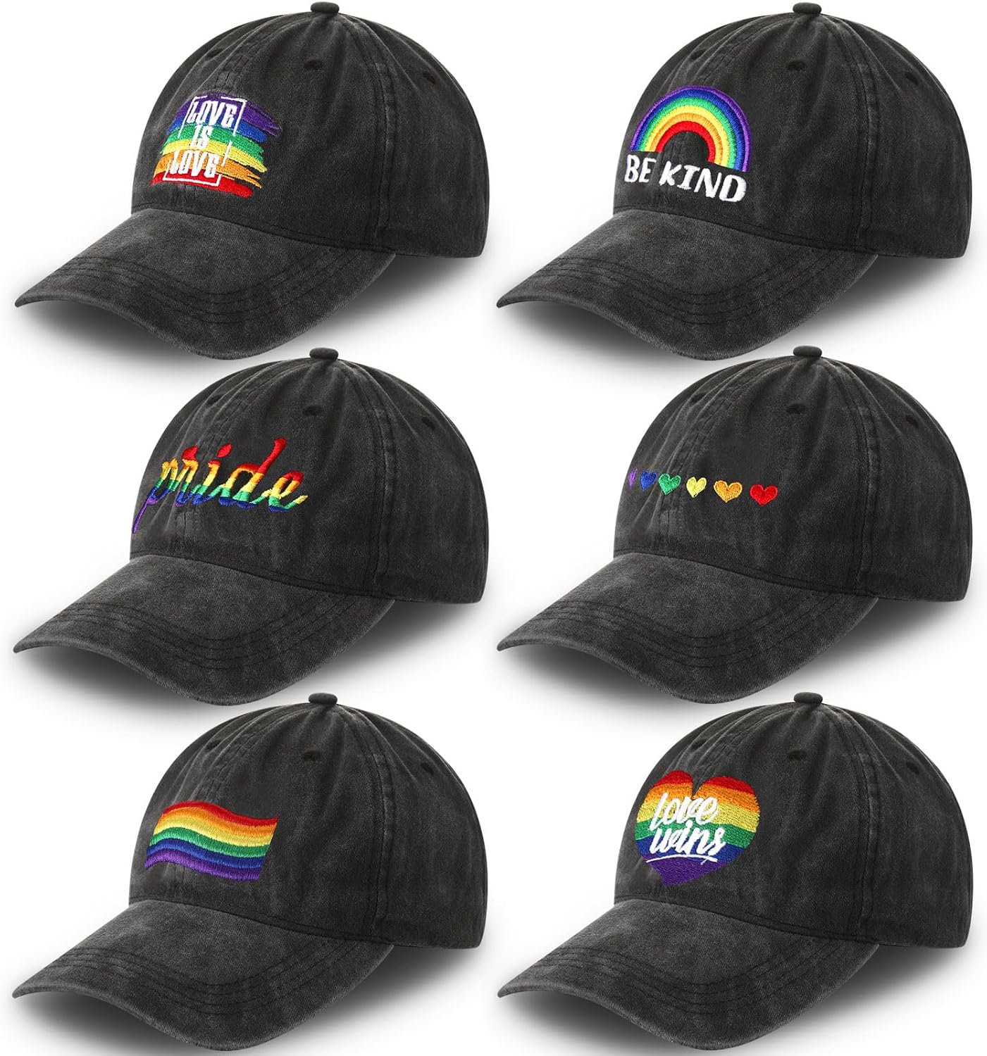 Xuhal 6 Pcs Embroidered Pride Rainbow Hat for Men Women LGBT Baseball Hats Adjustable Washable LGBTQ Cap Gifts