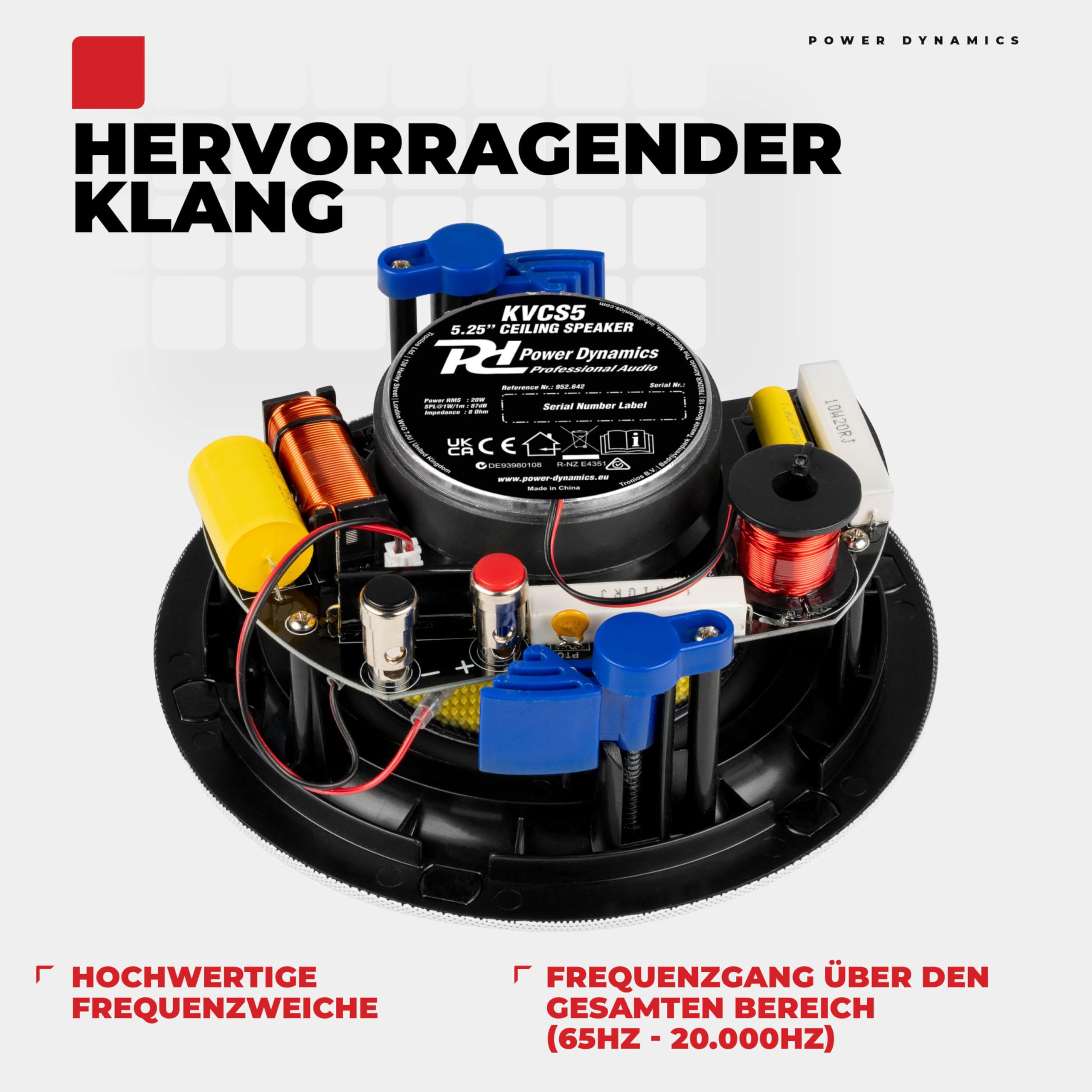 Power Dynamics KVCS5 Deckenlautsprecher 40 Watt – 5,25" 2-Wege Einbaulautsprecher Decke – Weiß – HiFi Klang, Low Profile Design, Magnetgitter, 8 Ohm – Einbaulautsprecher für Wohnräume & Gewerbe, 186mm