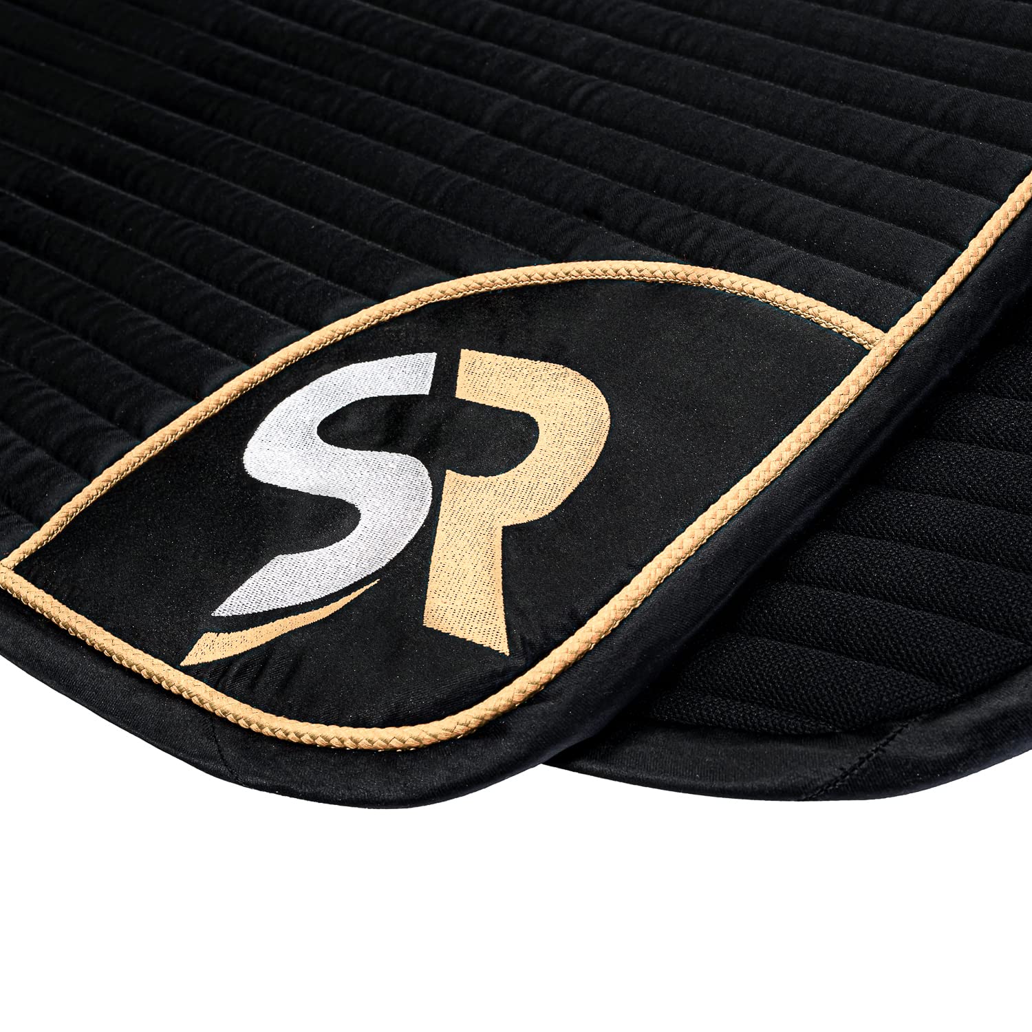 SUNRIDE Mantilla de Doma para Caballos - Material de Malla como ventilación Adicional contra la acumulación de Calor, de fácil Cuidado y Que Mantiene la Forma (Pony, Negro/Oro)