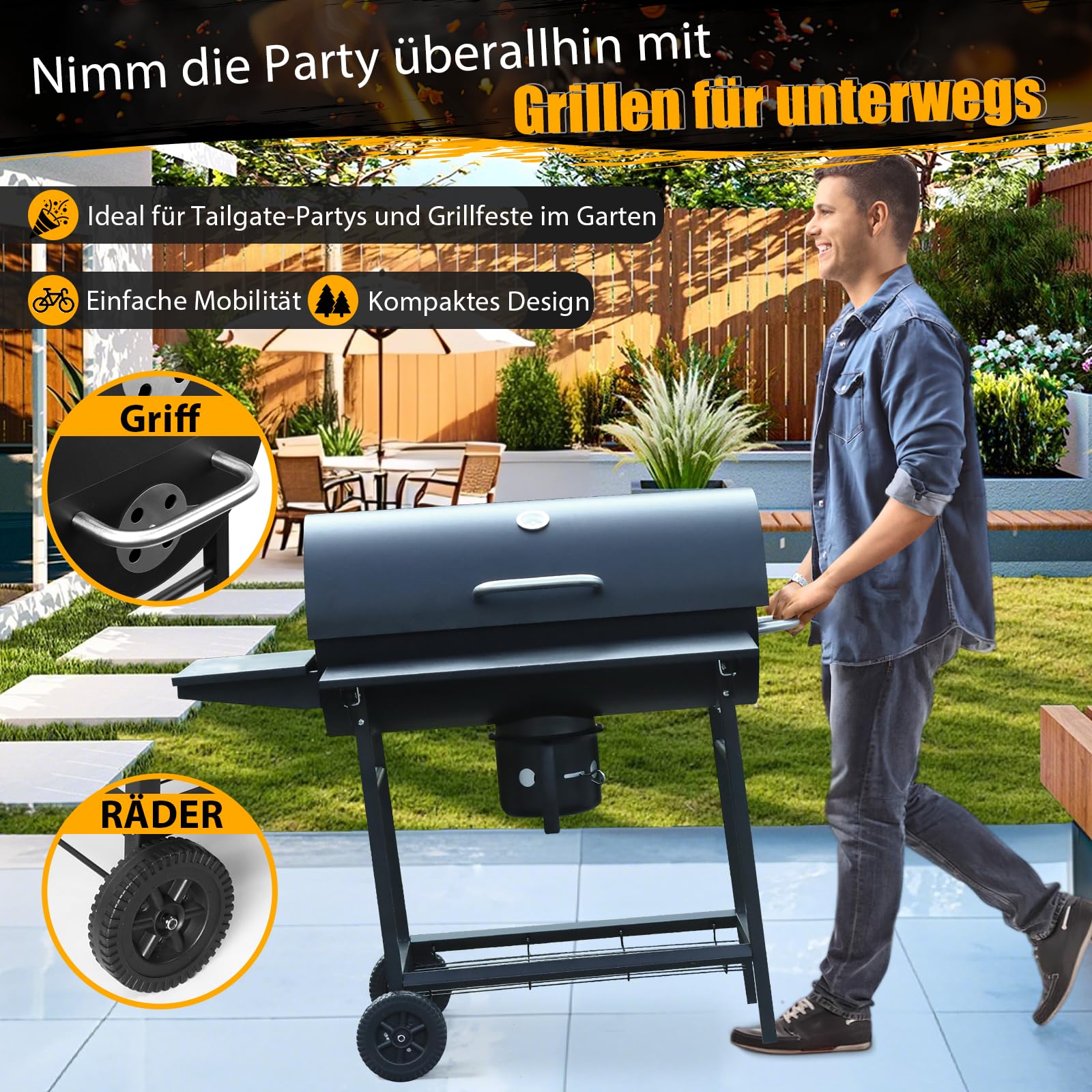 Großer Holzkohlegrill, BBQ Grill mit 4 Lüftungen, Robuster Garten Outdoor Grill
