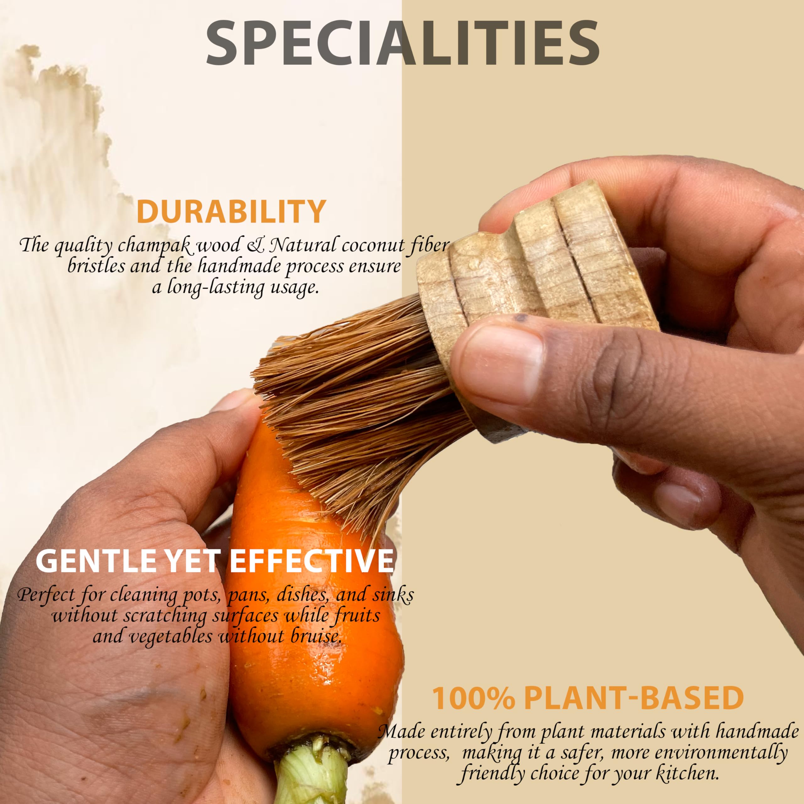 2 Pack Vegetable Brush Dish Scrubber Wooden Dish Brush for Kitchen Natural Coconut Fiber Bristles Champak Wooden Handle Brush for Sink, Dishes, Pans Fruits and Vegetables Cleaning Brush