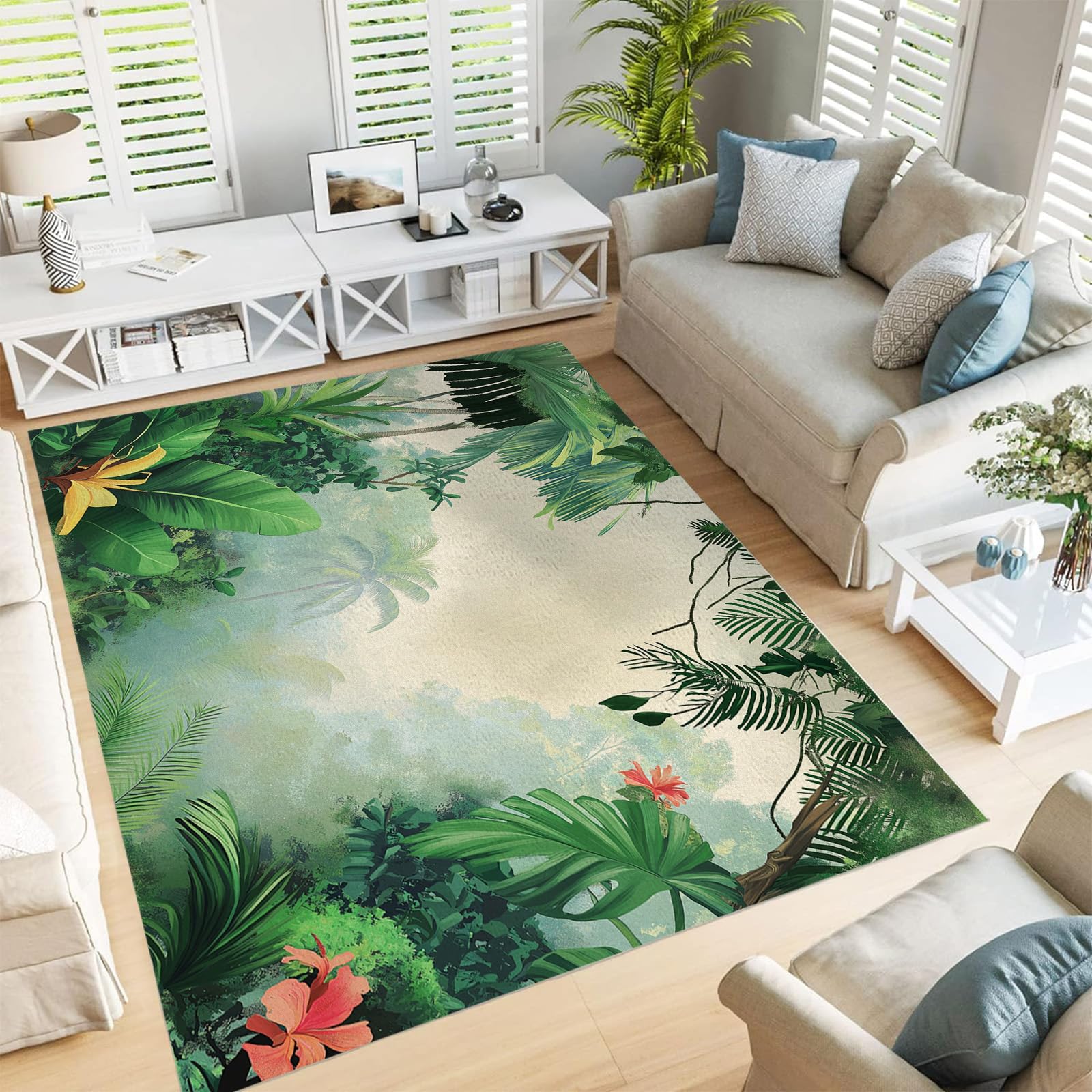 Tapis de salon grand format style jungle pour créer un cocon doux