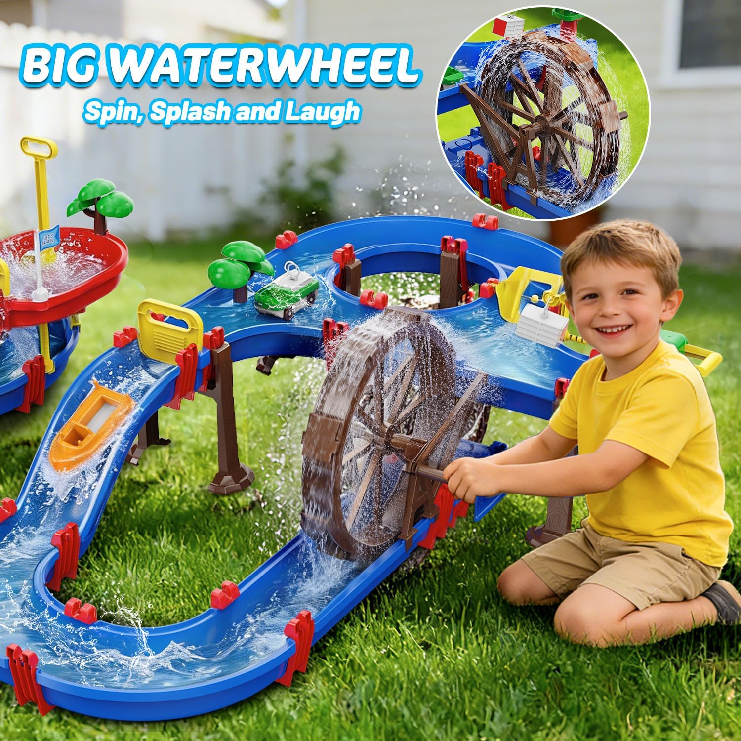 2-Tier Kids Watermill Water Table Toys, 124PCS Water Park Playset with Pump, Waterwheel, Summer Outdoor Water Toys Waterways for Backyard,Lawn,Beach,Pool,Gifts for Boys Girls Toddlers 3-5 4-8