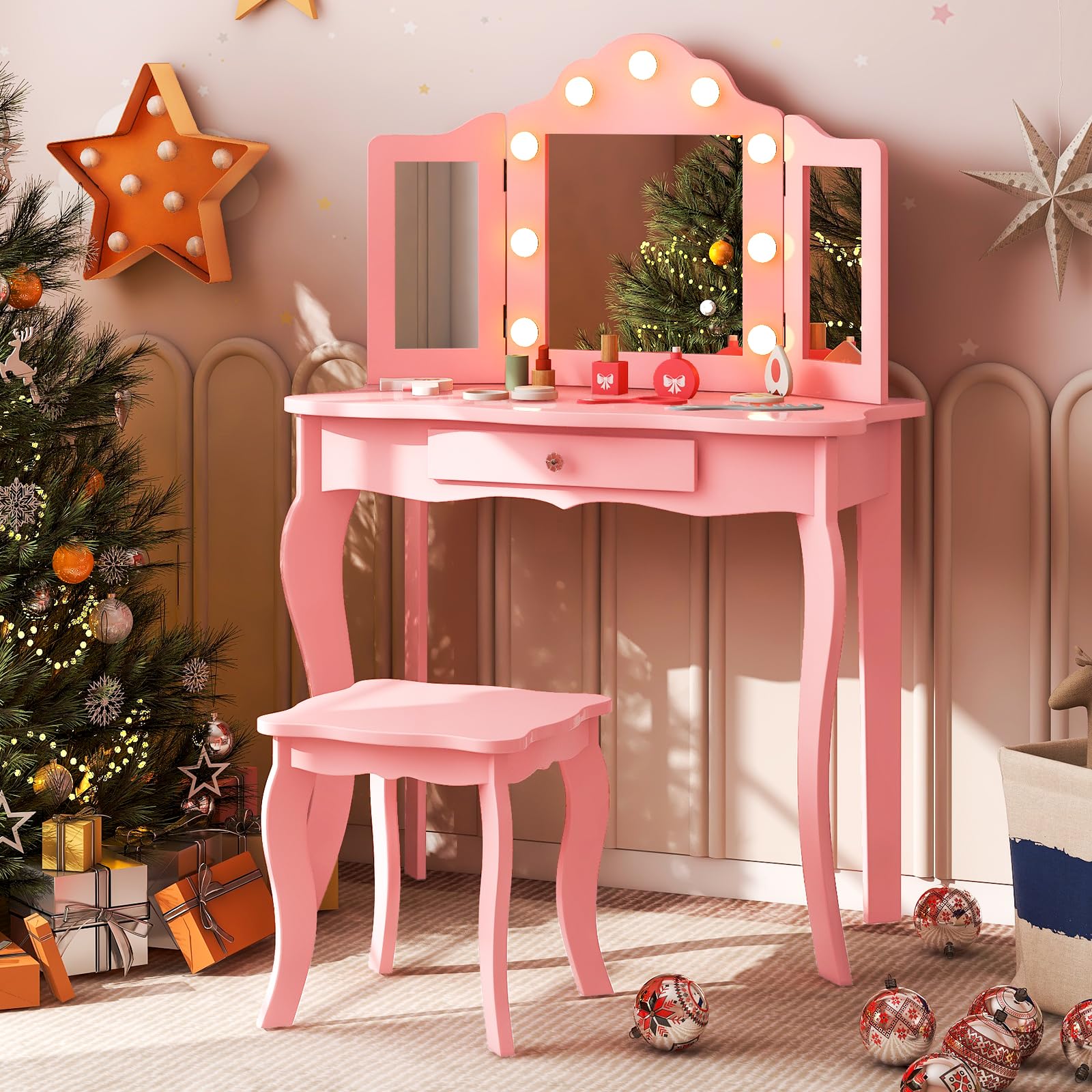 RELAX4LIFE Toeletta Trucco per Bambina con 9 Lampadine LED, 3 Colori di Luci, Specchiera Trucco con Sgabello, Toeletta in Legno, Specchio Rimovibile, per Bambini 3+ Anni (Rosa, L)