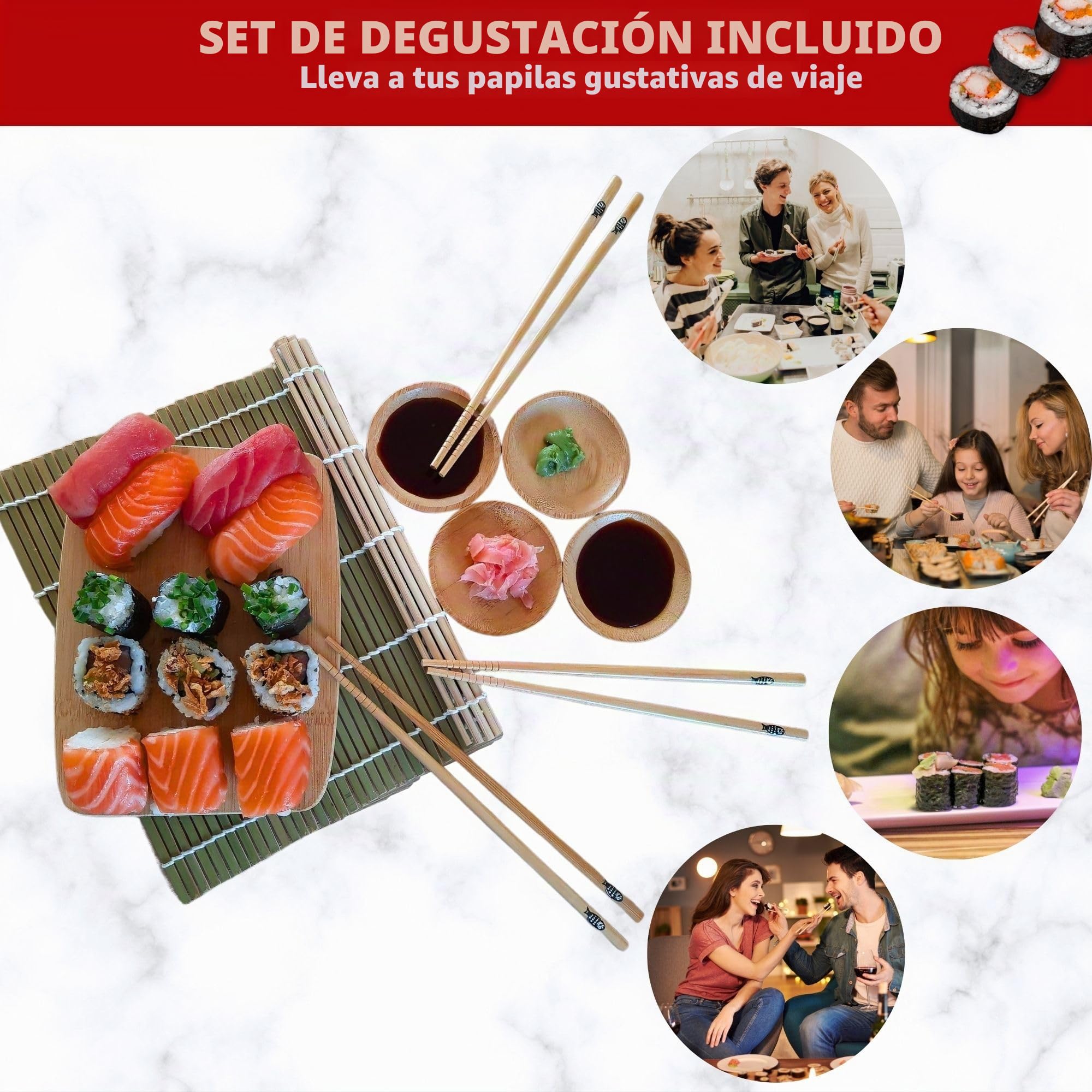 Kit de sushi maki maker completo – Aparato para hacer sushi makis – Estuche con alfombrilla de bambú, cuchillo japonés, varillas, molde de sushi, sin BPA, idea de regalo para hombre y mujer