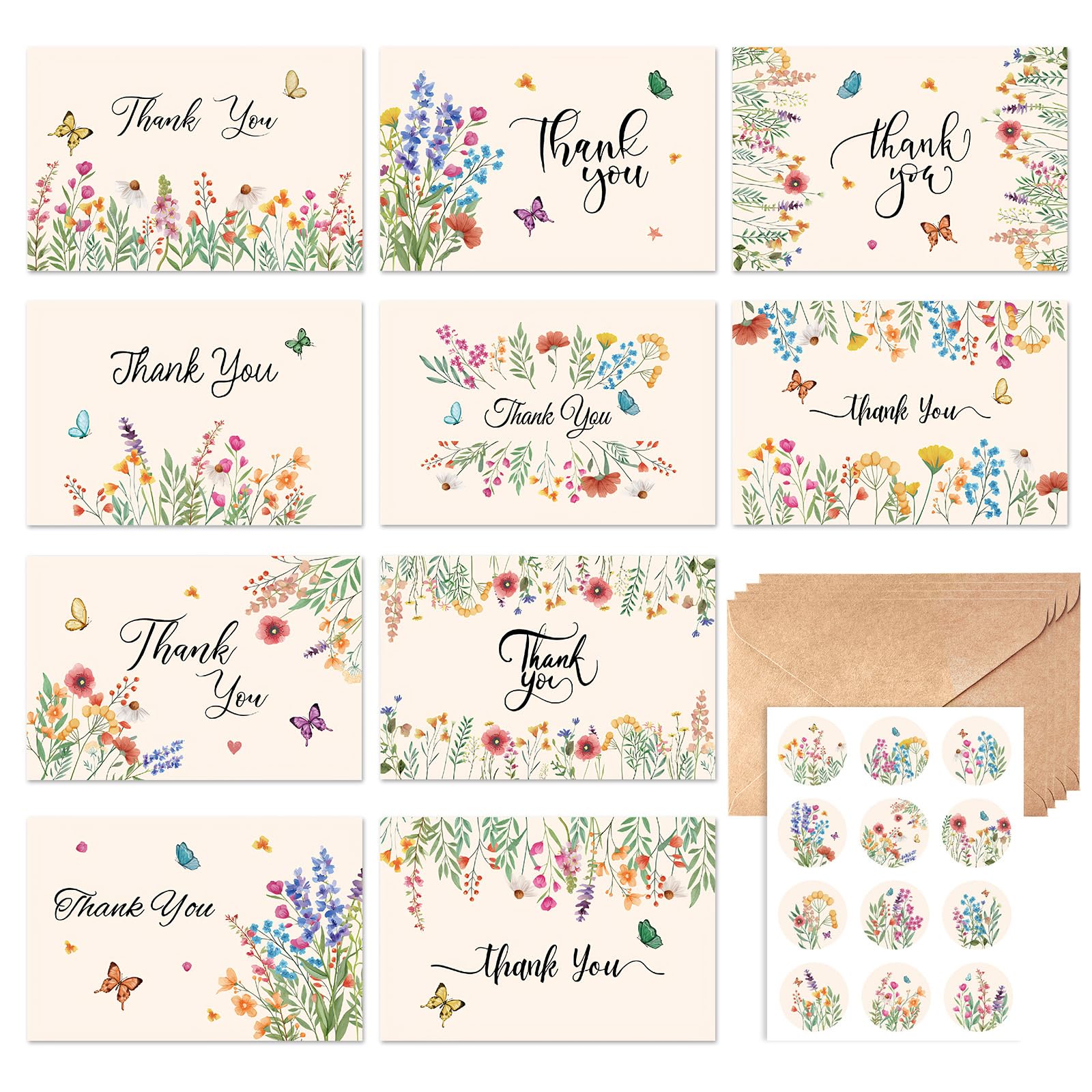 10Pcs Floral Thank You Cards with Envelopes and Stickers, Stylish Greeting Cards Multipack, Colourful Thank You Card for Birthday, Wedding, Baby Shower, Graduation
