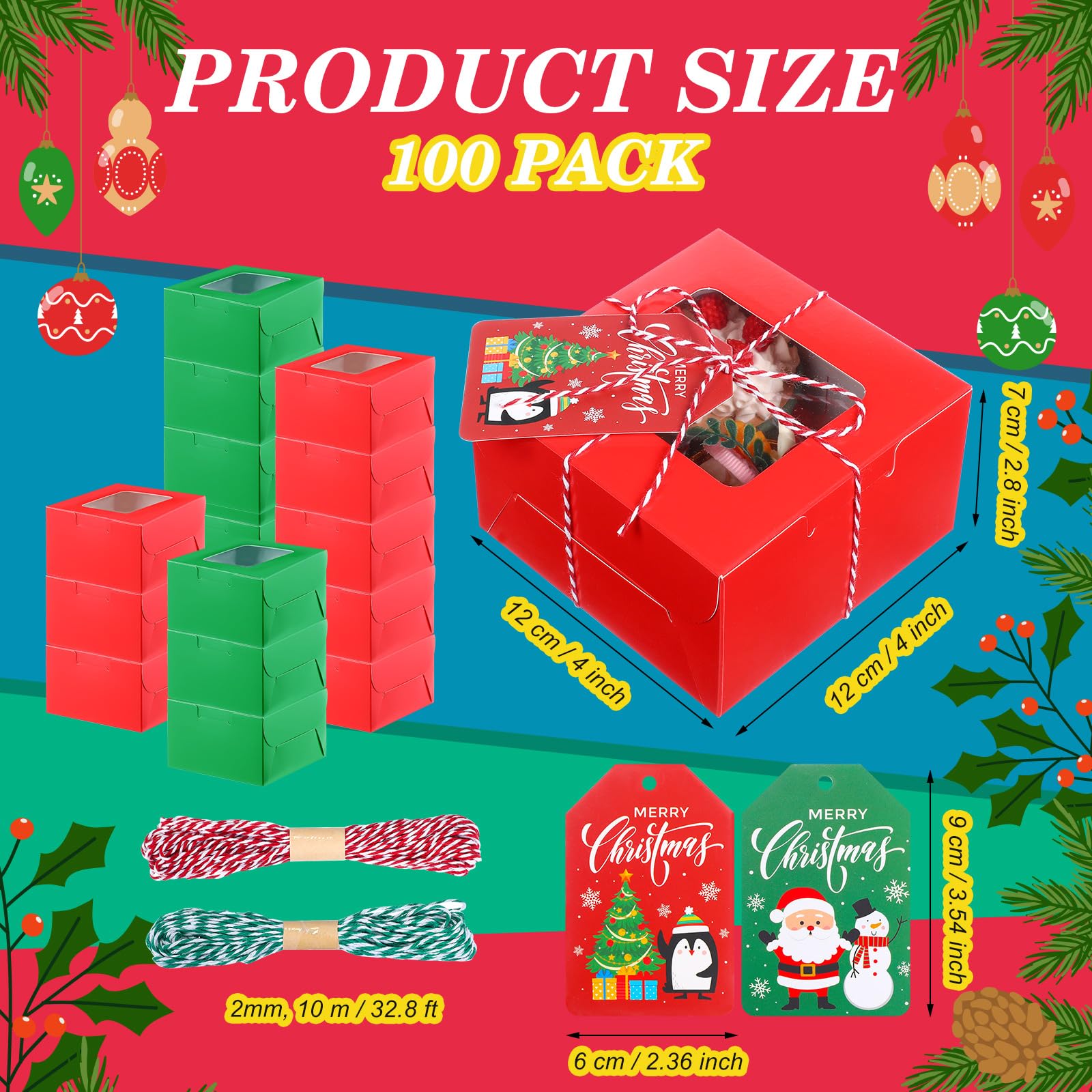 Maxcheck 100 scatole natalizie per biscotti con finestra, 10 x 10 x 7,1 cm, scatole per pasticceria, cupcake, con corda e biglietto, piccole scatole per dolcetti, per mini torte, pasticceria, dessert,