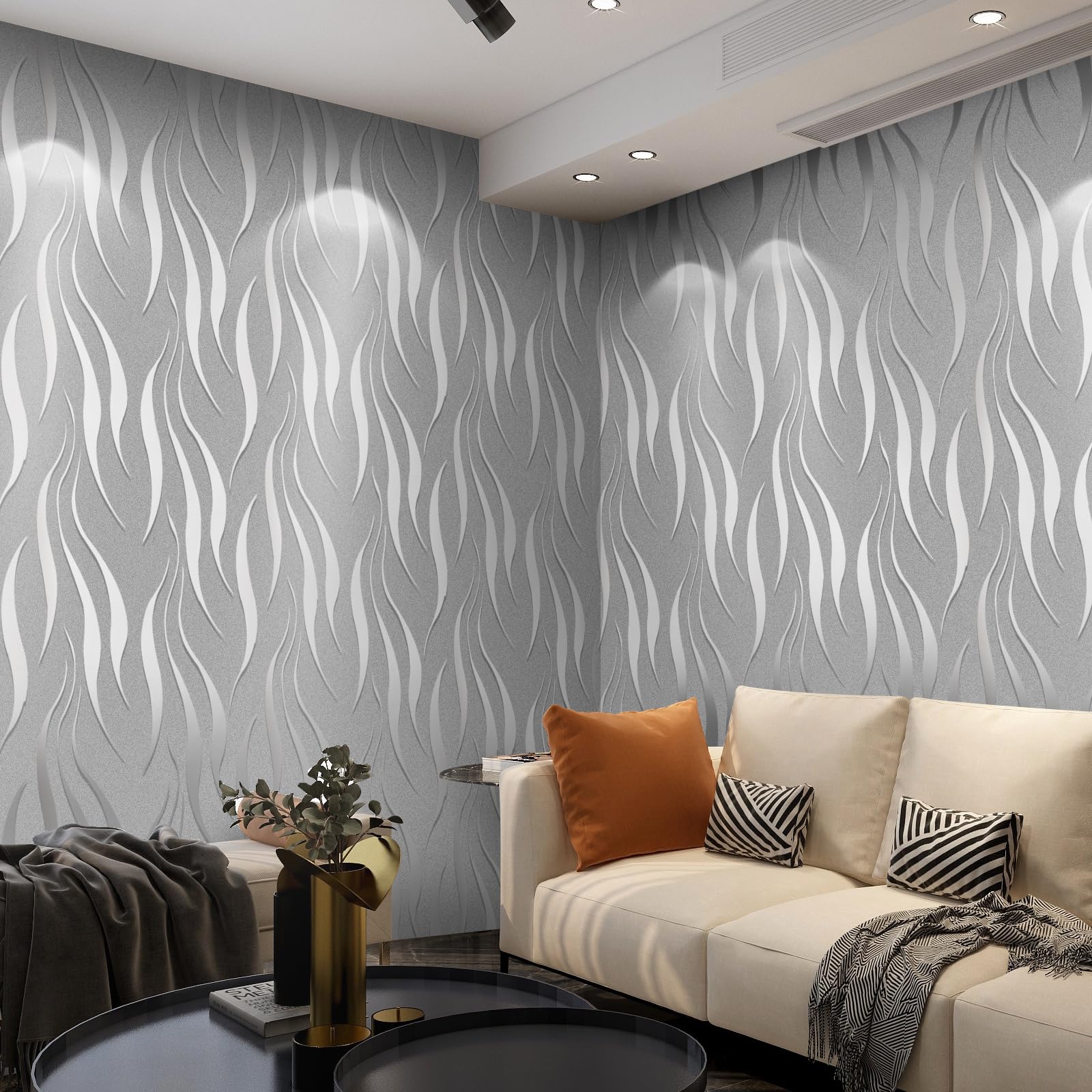 Tarwanear 5 Rolls Silver Grey 3D Wave Stripe Wallpaper Glitter Abstract Curve Wave Grey Wall Paper Roll Modern Embossed DIY Wallpapers Flocking Striped Wallpaper for Living Room Bedroom Hallway