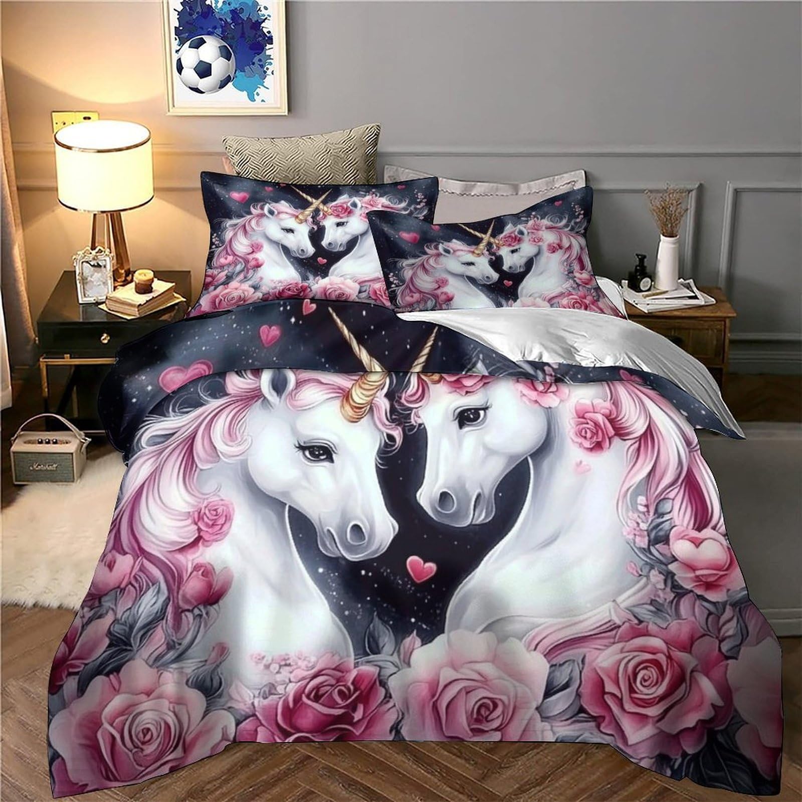 Einhorn-Pärchen 3D-Druck 3er-Set Kuschelbezug Romantischer Fantasy Bettbezug Mikrofaser Reißverschluss Atmungsaktiv für Kleinkinder Kinder Erwachsene King（220x240cm）