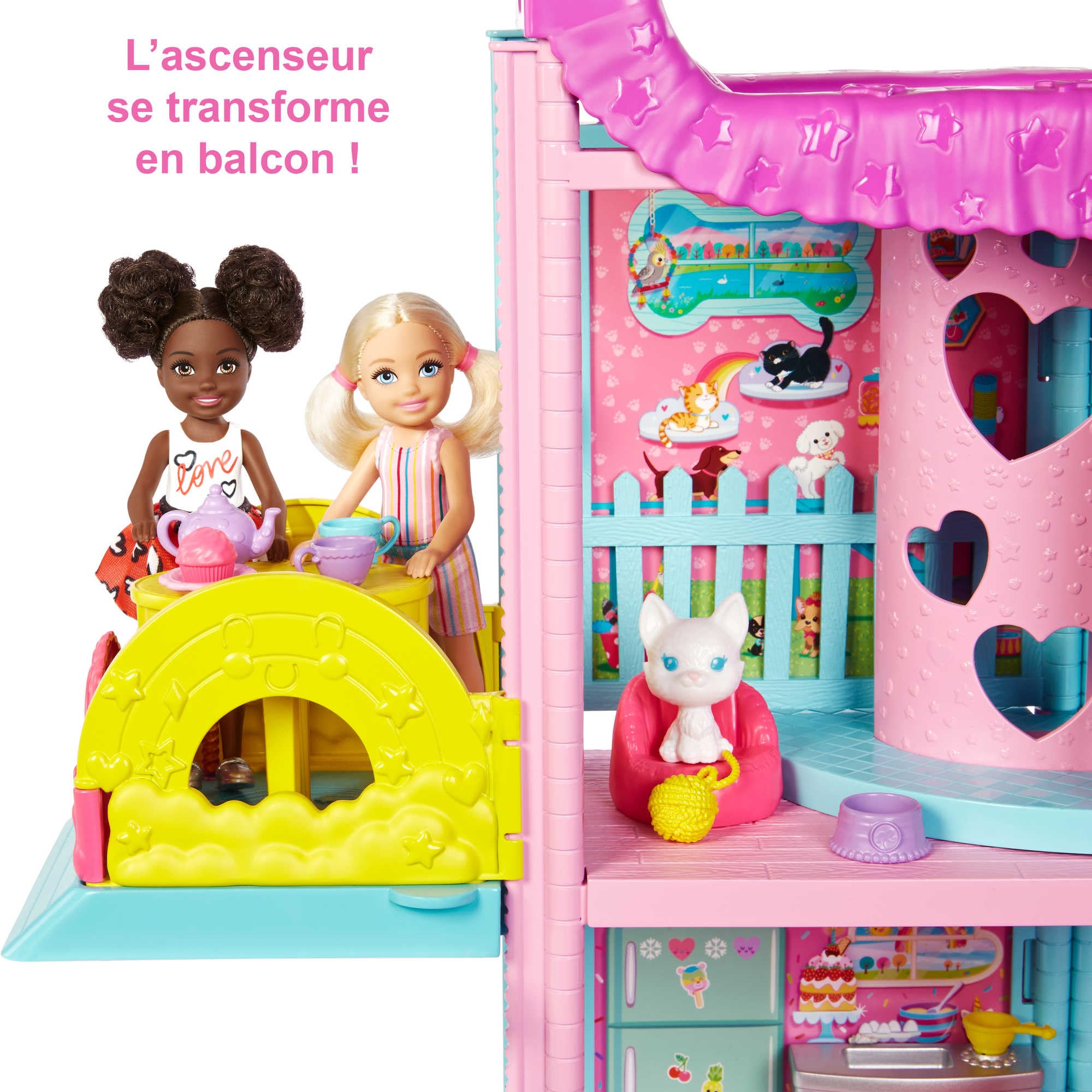 Barbie Chelsea Maison Meublée, 3 Niveaux De Jeu, 2 Animaux De Compagnie Et Plus De 20 Accessoires Inclus, Piscine Et Toboggan, Jouet pour Enfant de 3 Ans et Plus, HHX44