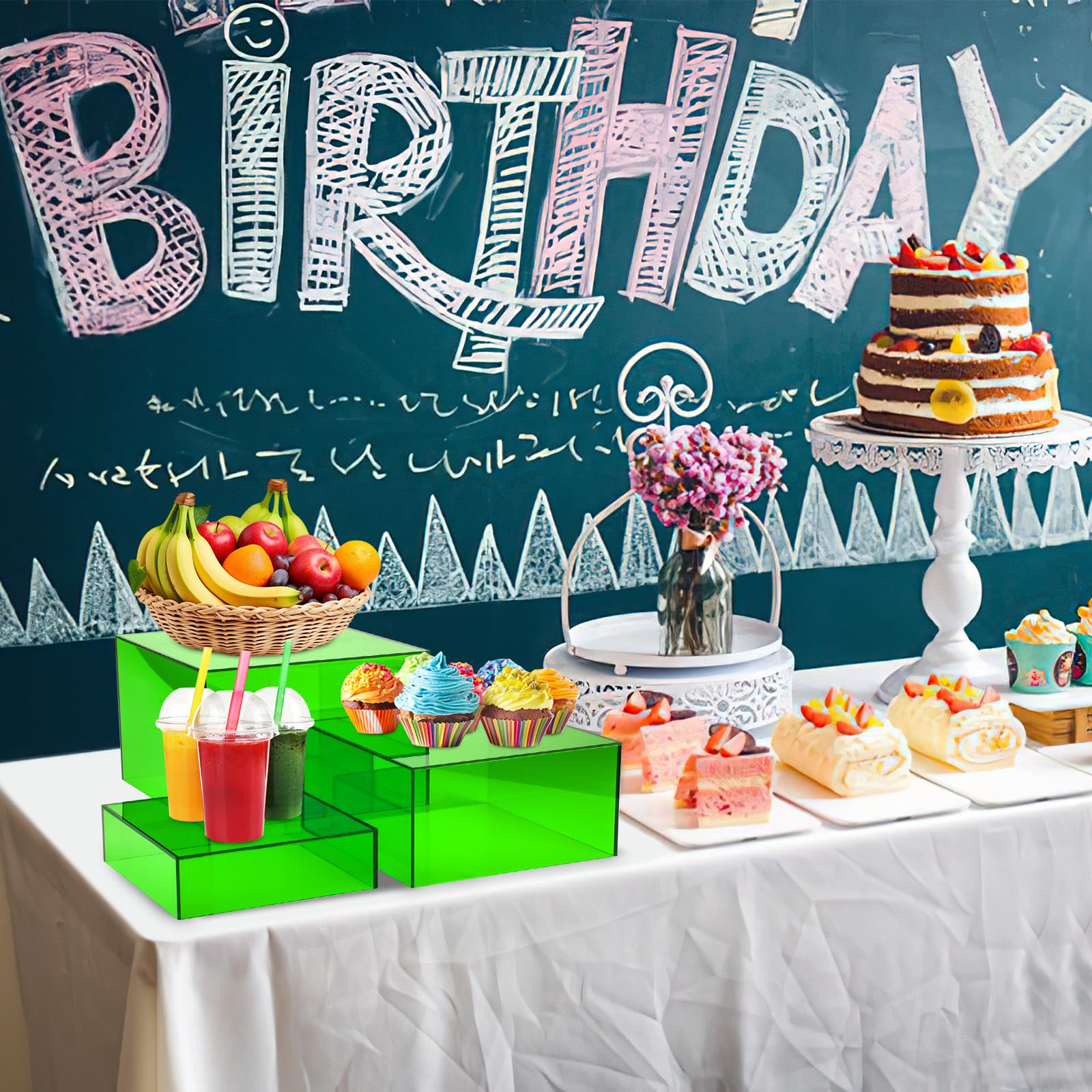 Elevadores de buffet verdes, 3 cajas de acrílico, elevadores de alimentos para mesa de buffet, elevador de exhibición para fiestas, bodas, catering, postres, coleccionables, figuras (6 x 7 x