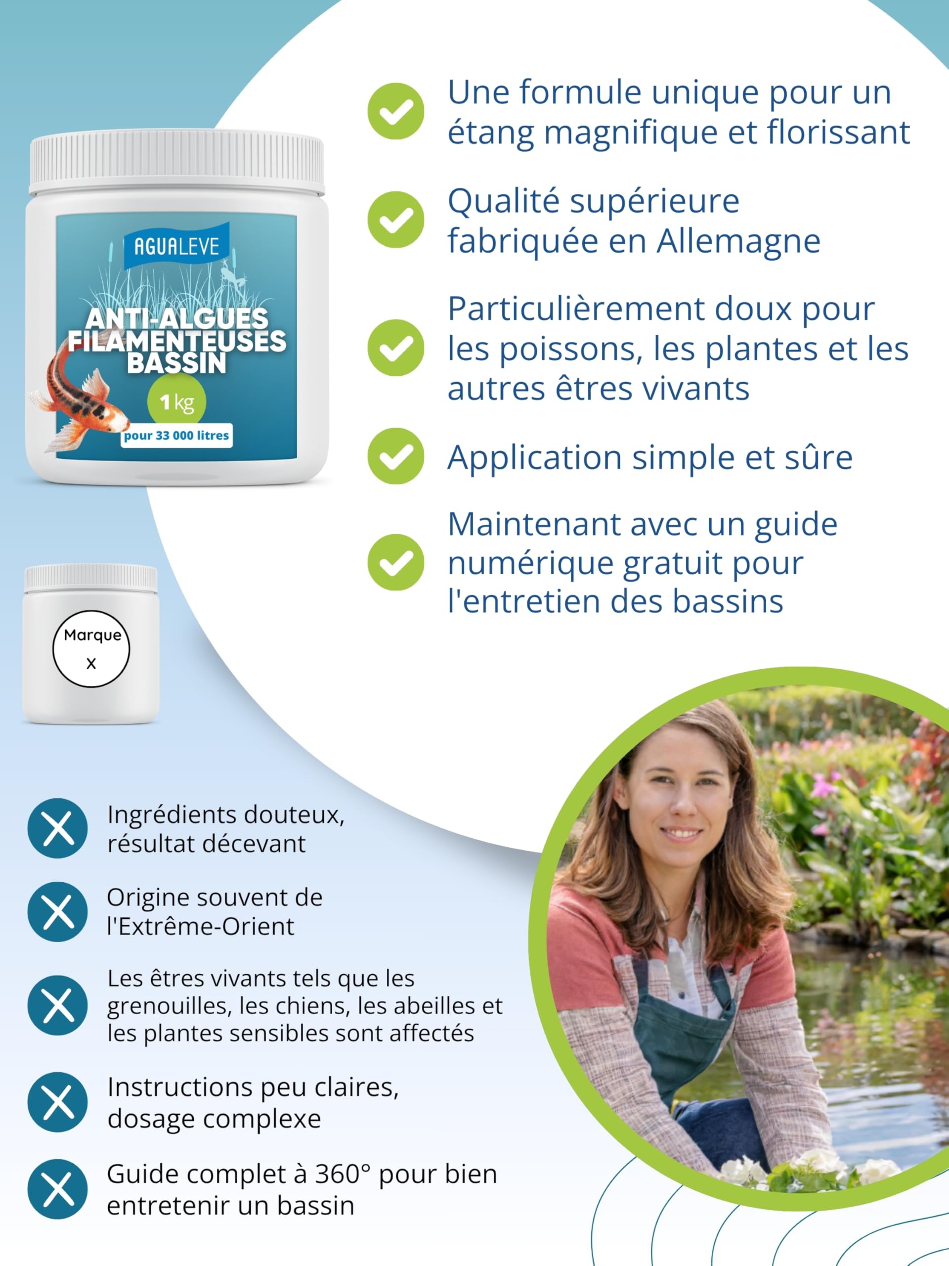AGUALEVE Destructeur d’algues filamenteuses pour Bassin – Granulés pour Application ciblée sur Les algues – Dosage indicatif 30 à 50 g pour 1 000 L – Guide d’Entretien numérique Inclus