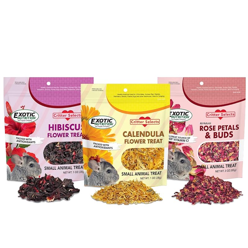 Petisco de Flores para Pequenos Animais Herbívoros Exotic Nutrition – Hibisco, Calêndula e Pétalas de Rosa, Pacote com 3