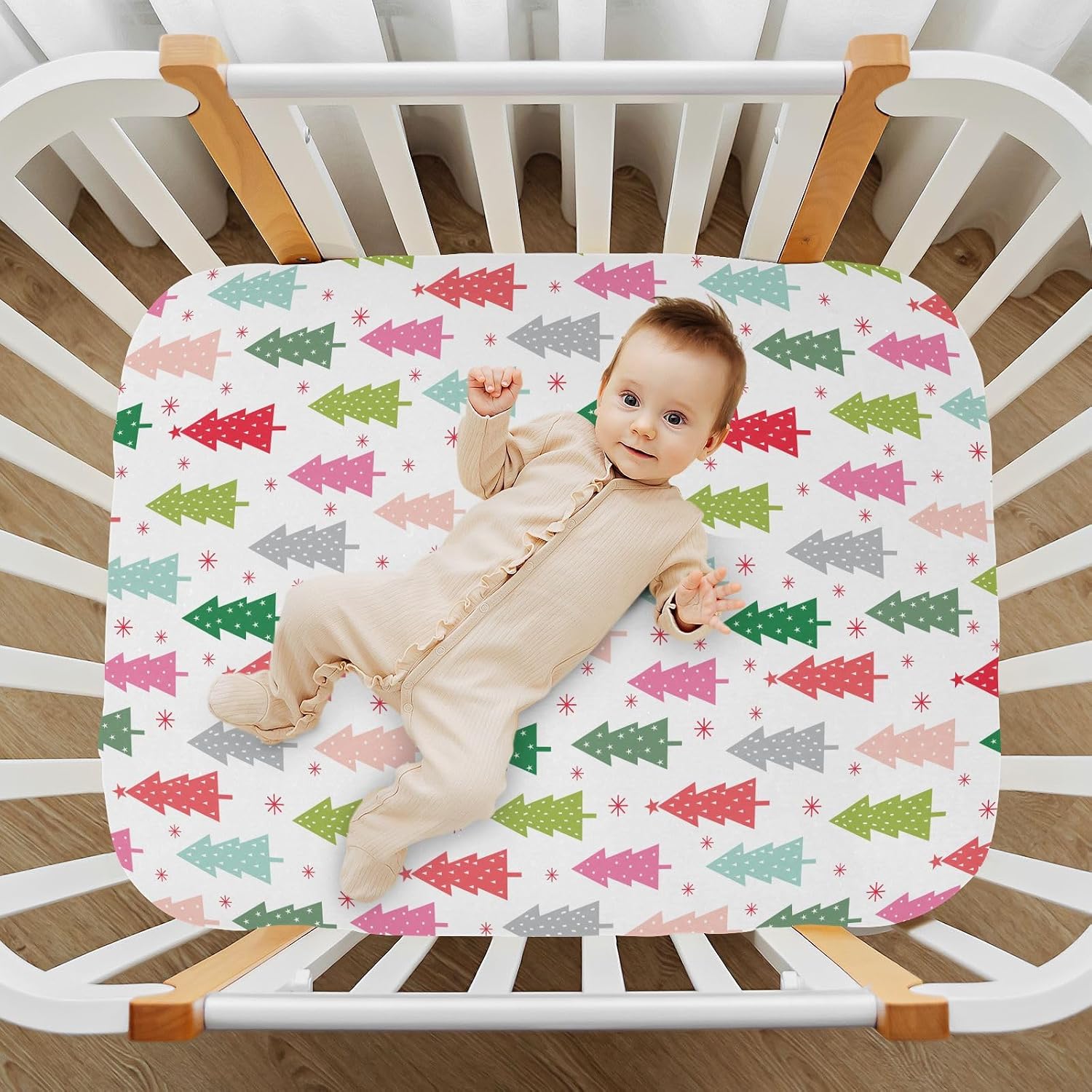 Colorful Christmas Trees Crib Sheets for Boys & Girls - Portable Microfiber Fitted Sheet for Playard & Mini Crib Mattress, Soft & Breathable, 27x39 Inch