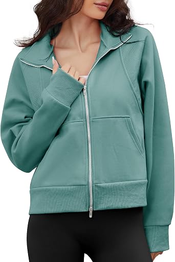 Womens Zip Up Fleece Sweatshirt Jacket Long Sleeve Oversized Fall Winter Casual Cozy Outwear with Pockets